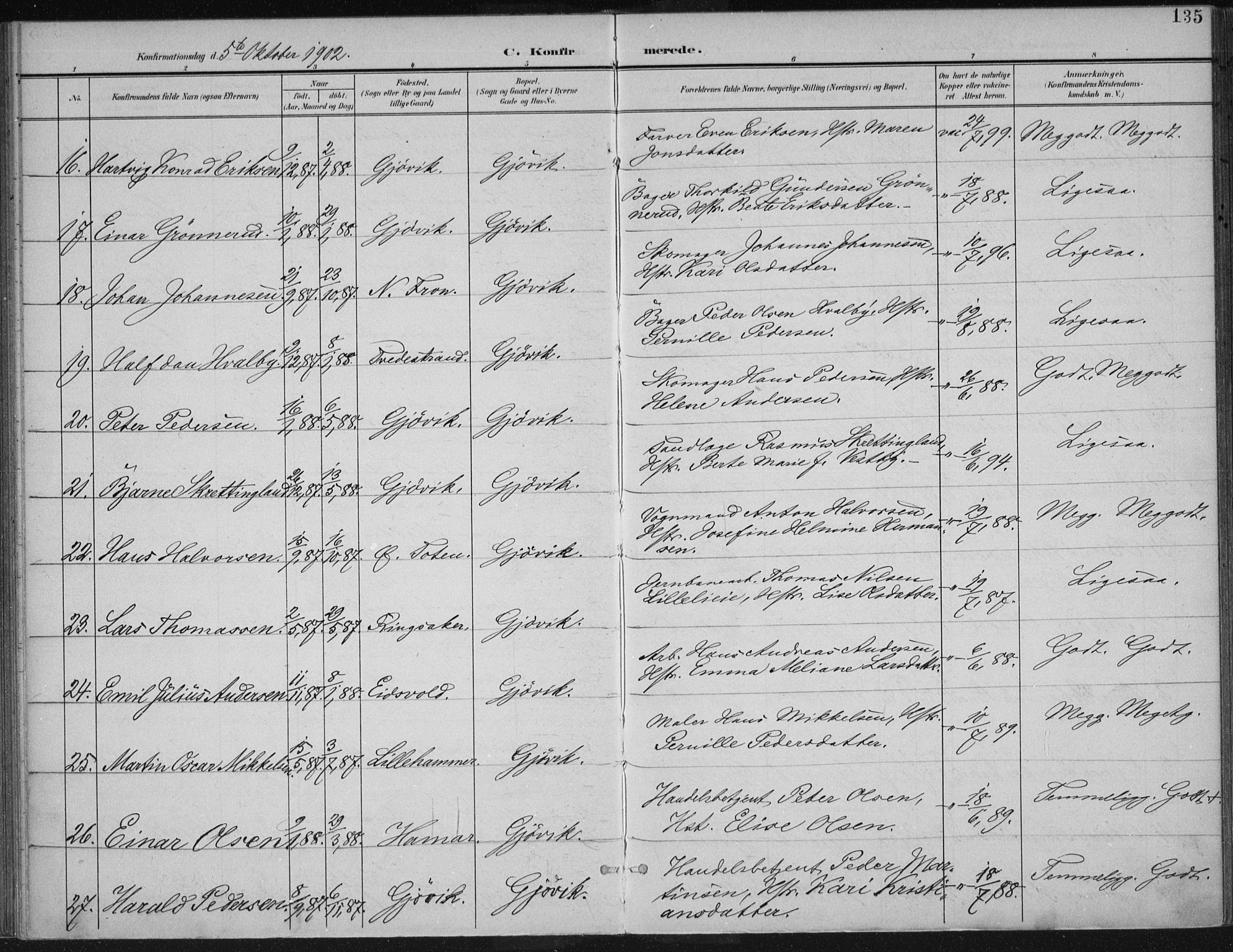 Vardal prestekontor, SAH/PREST-100/H/Ha/Haa/L0013: Ministerialbok nr. 13, 1901-1911, s. 135