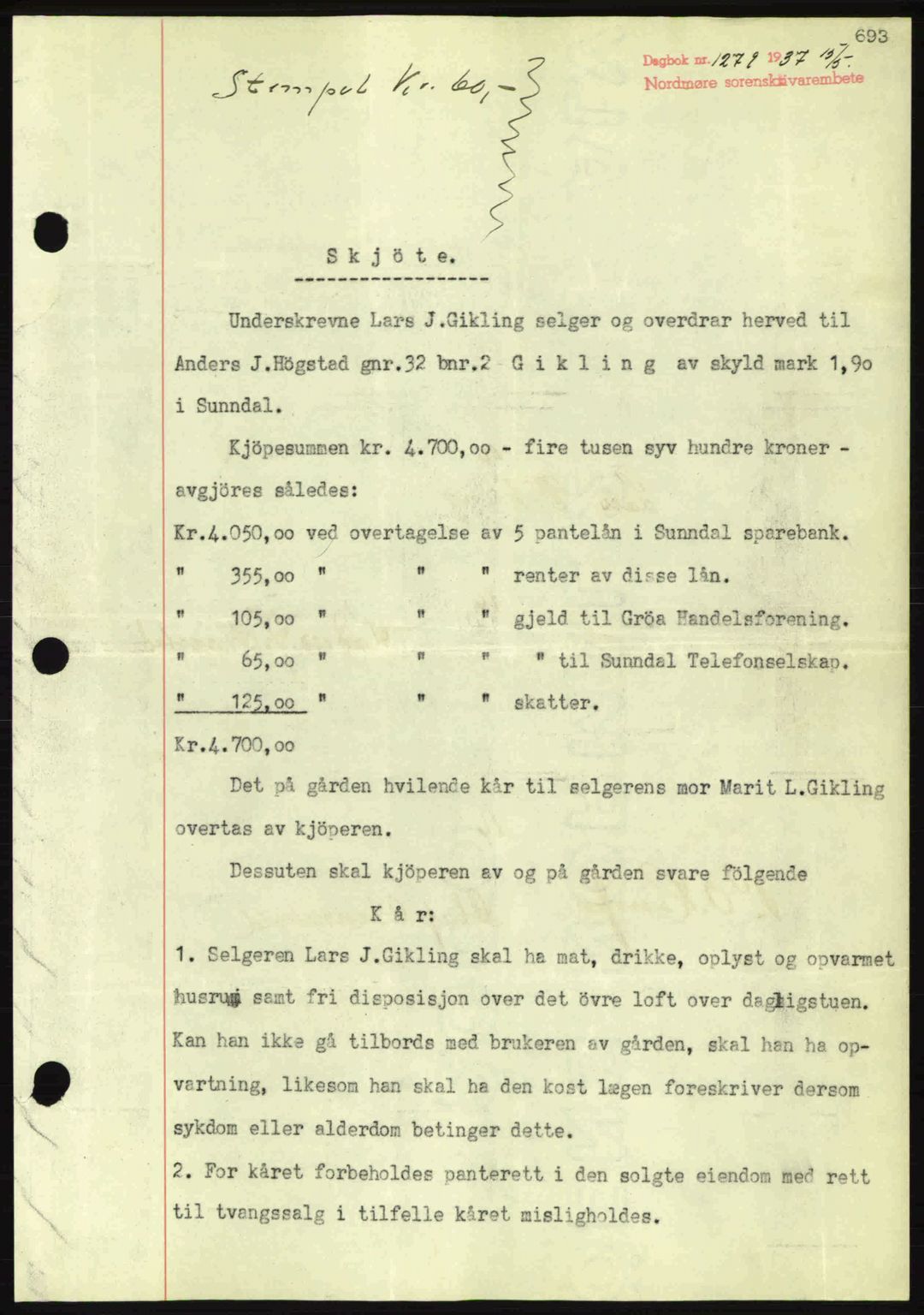 Nordmøre sorenskriveri, SAT/A-4132/1/2/2Ca: Pantebok nr. A81, 1937-1937, Dagboknr: 1279/1937