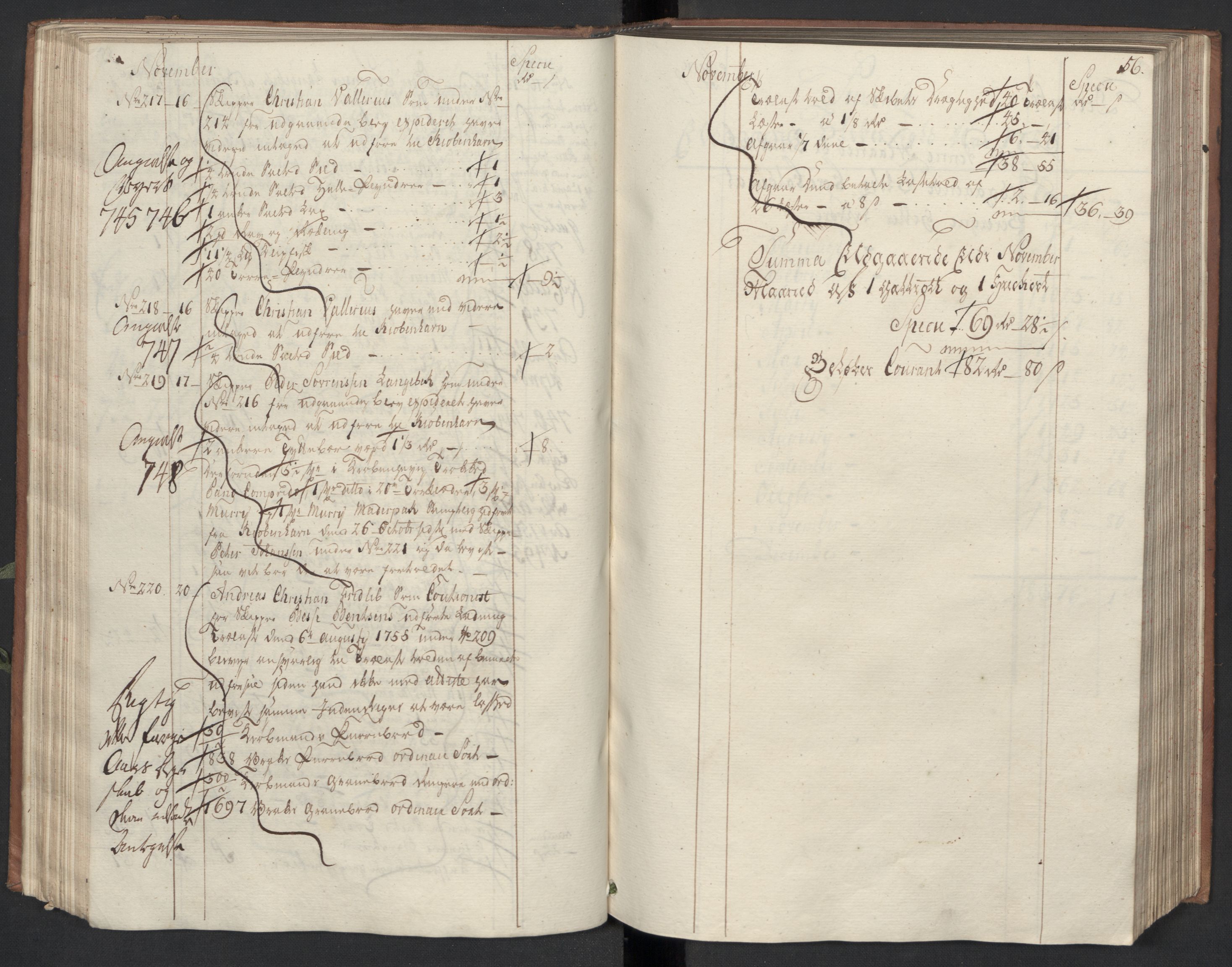 Generaltollkammeret, tollregnskaper, AV/RA-EA-5490/R33/L0048/0001: Tollregnskaper Trondheim A / Utgående hovedtollbok, 1756, s. 55b-56a