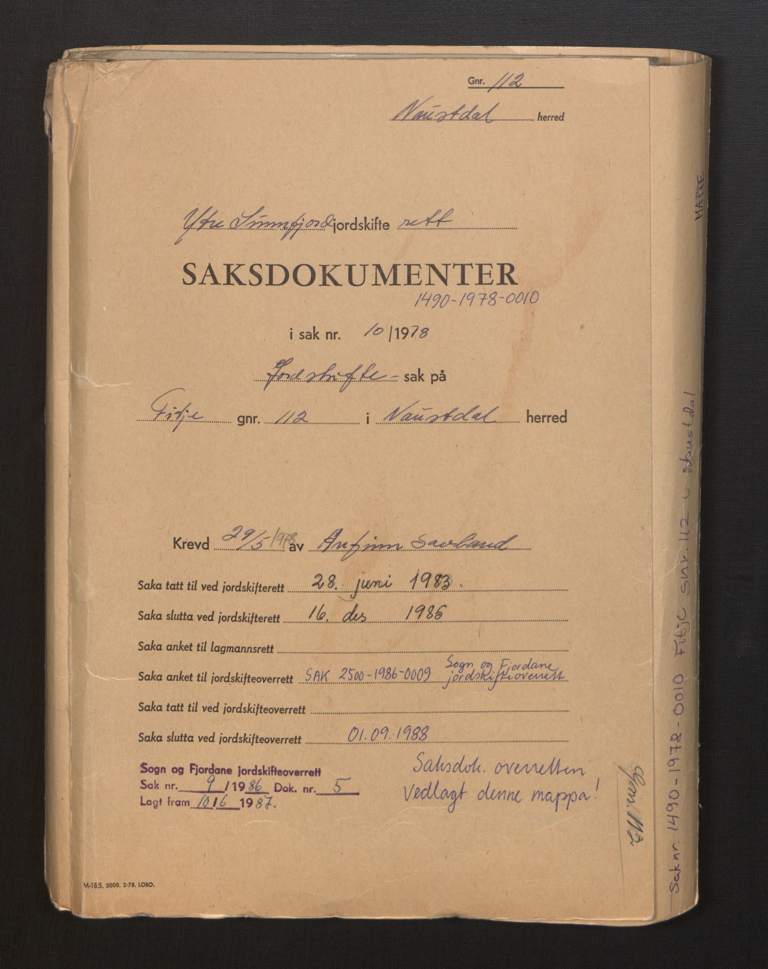 Sunnfjord og Ytre Sogn jordskifterett, AV/SAB-A-100476/F/Fh/L0019/0002: Jordskiftesaker gnr. 108 - 115 / Sak 1490 - 1978 - 0010 Fitje gnr. 112 i Naustdal og ankesak til jordskifteoverretten 2500 - 1986 - 0009 Fitje gnr. 112 i Naustdal, 1978-1988, s. 1