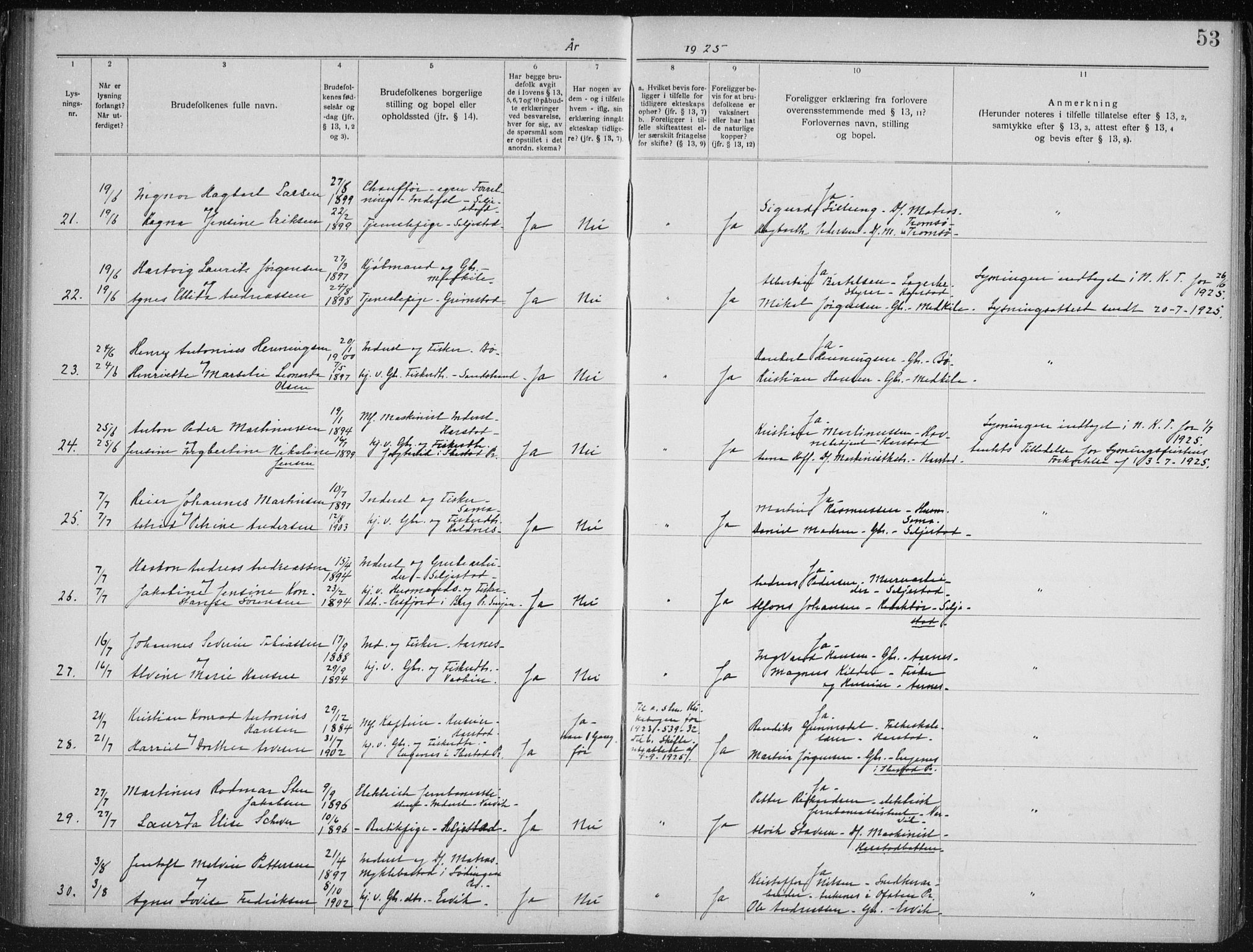 Trondenes sokneprestkontor, AV/SATØ-S-1319/I/Ib/L0099: Lysningsprotokoll nr. 99, 1919-1930, s. 53