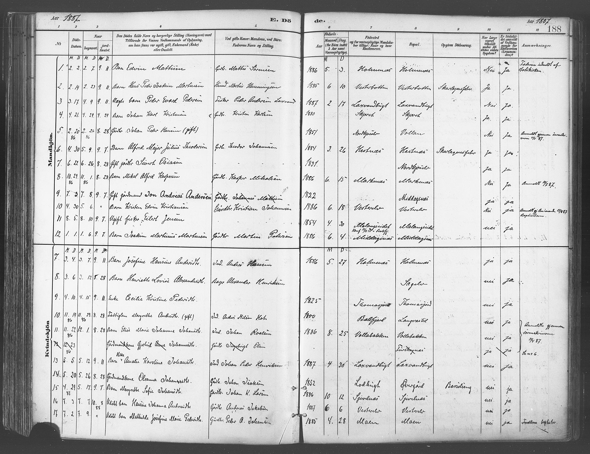 Balsfjord sokneprestembete, AV/SATØ-S-1303/G/Gaa/L0005kirke: Ministerialbok nr. 5, 1884-1897, s. 188