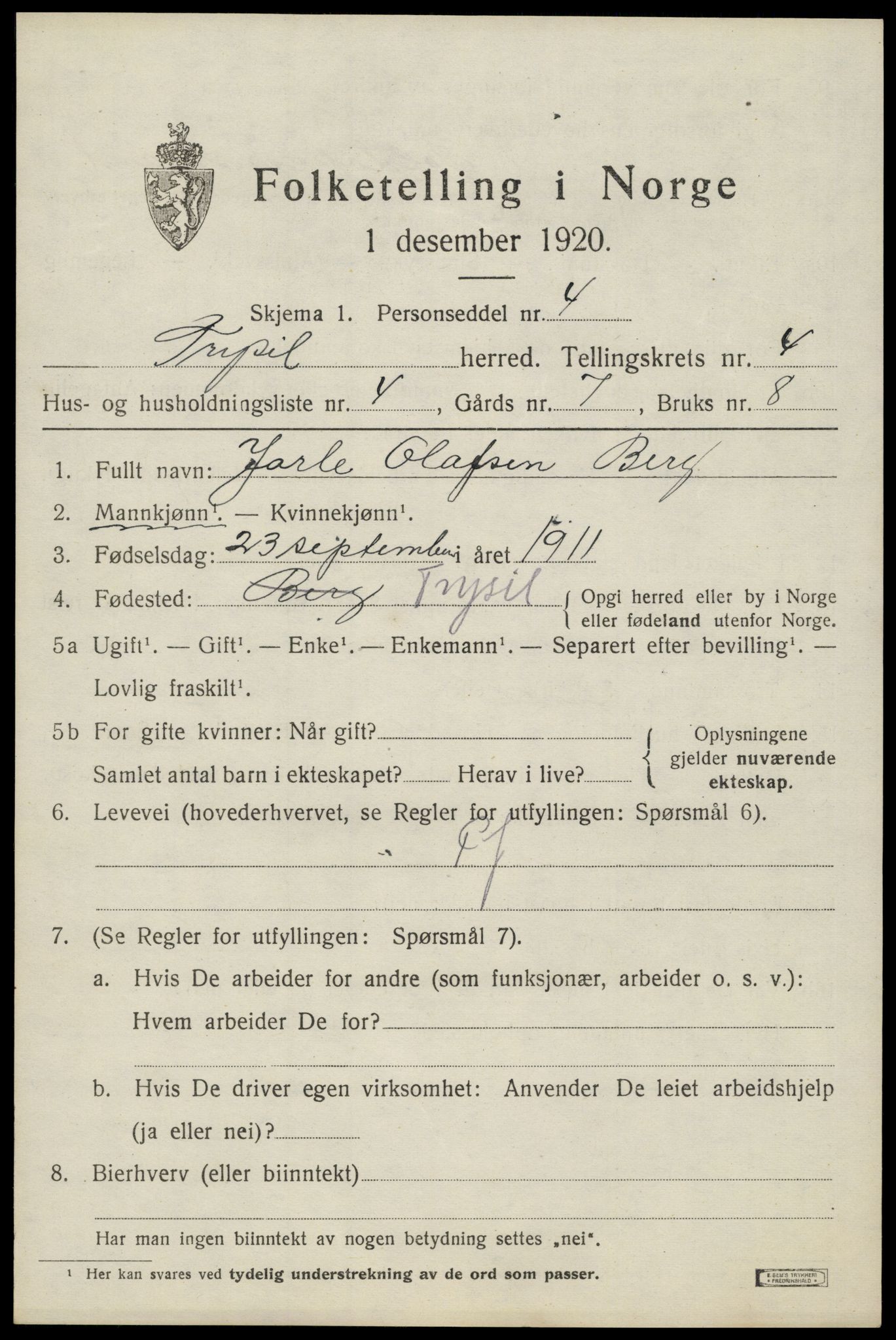 SAH, Folketelling 1920 for 0428 Trysil herred, 1920, s. 4123