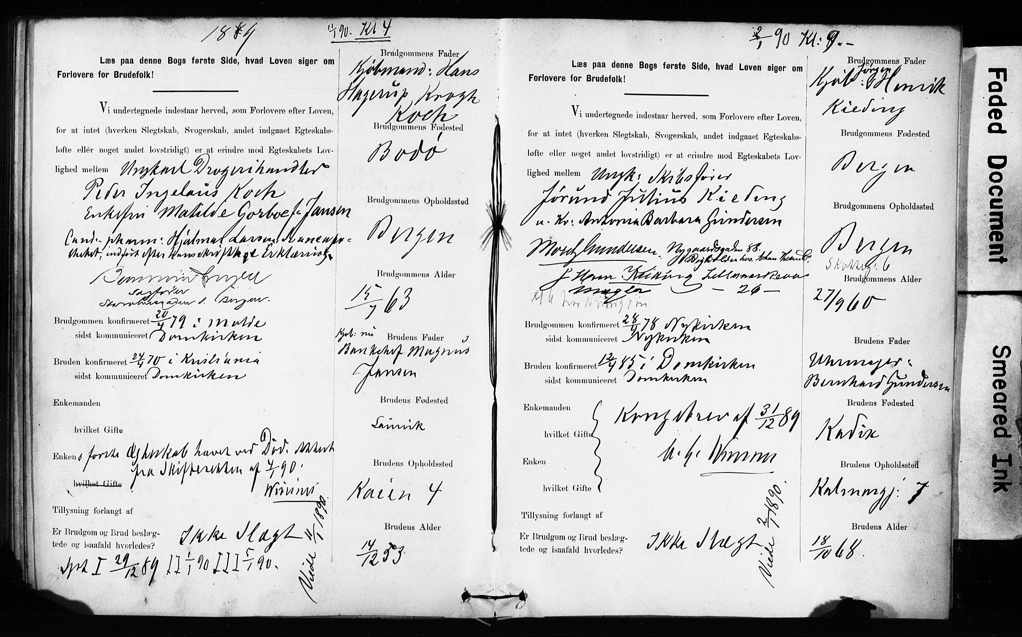 Domkirken sokneprestembete, SAB/A-74801: Forlovererklæringer nr. II.5.9, 1882-1889