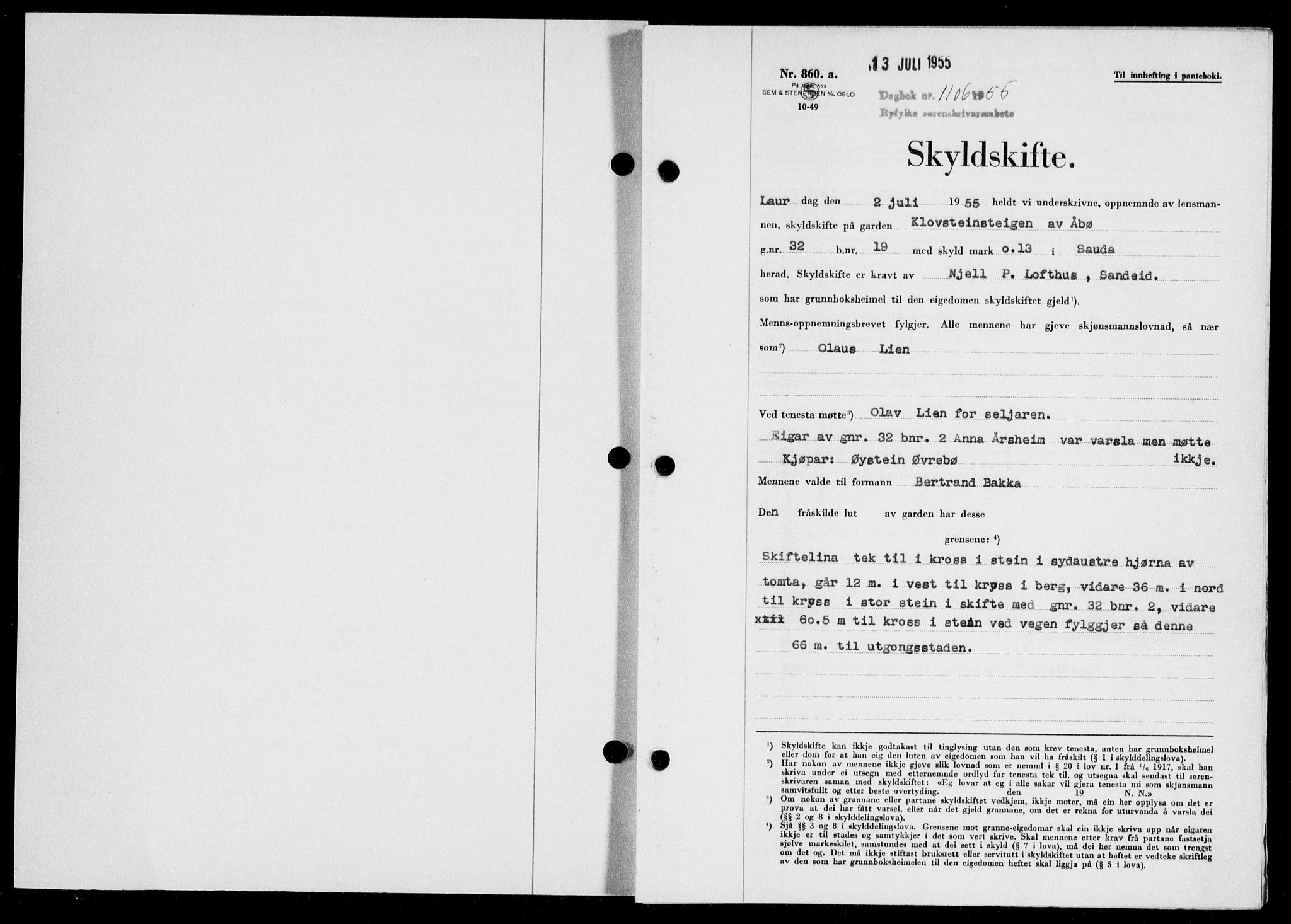 Ryfylke tingrett, SAST/A-100055/001/II/IIB/L0130: Pantebok nr. 109, 1955-1955, Dagboknr: 1106/1955
