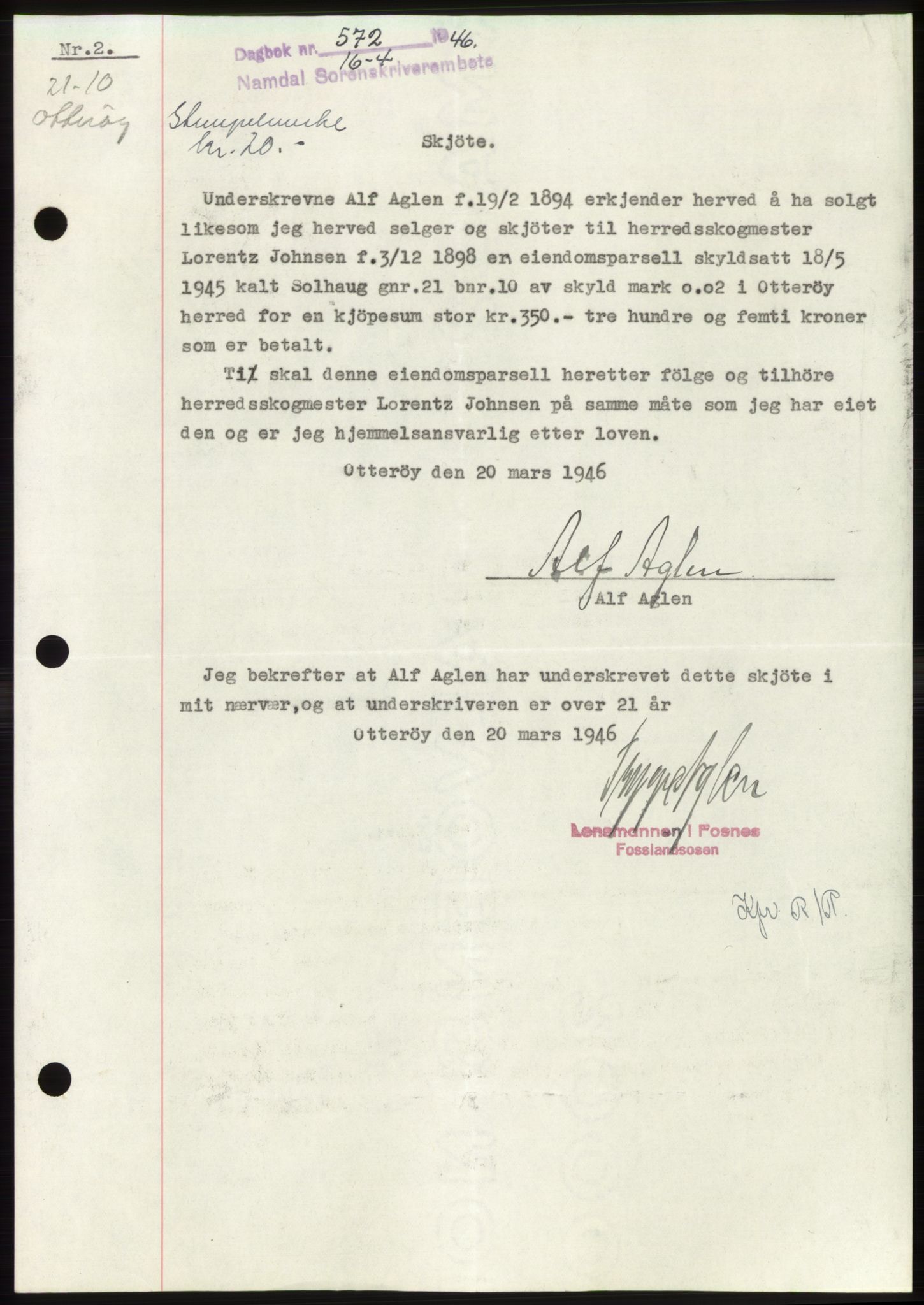 Namdal sorenskriveri, SAT/A-4133/1/2/2C: Pantebok nr. -, 1946-1946, Dagboknr: 572/1946
