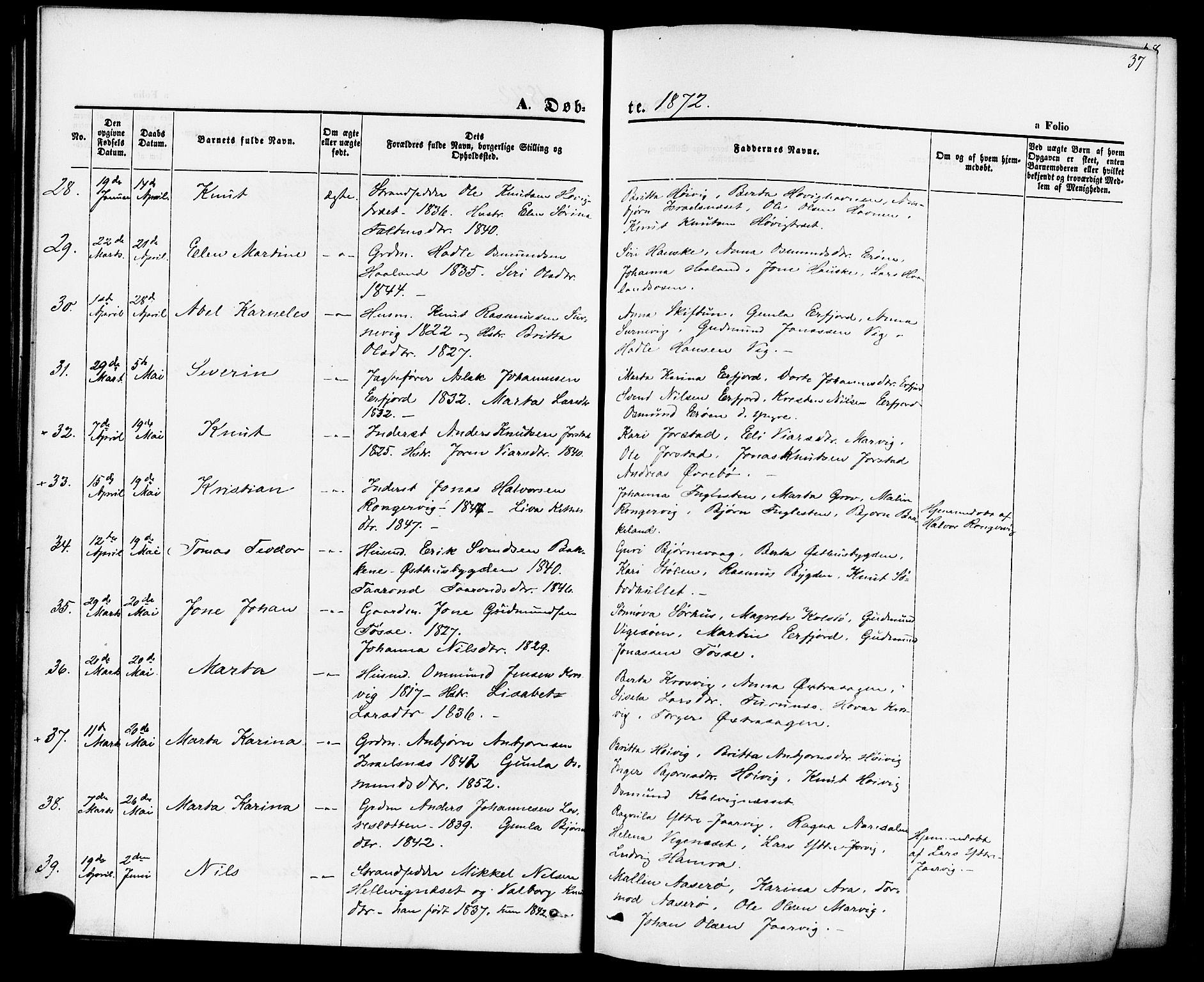 Jelsa sokneprestkontor, AV/SAST-A-101842/01/IV: Ministerialbok nr. A 8, 1867-1883, s. 37