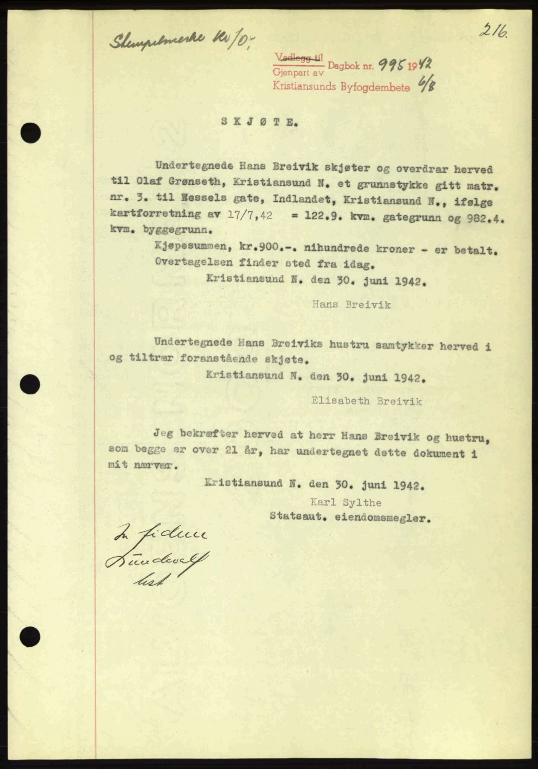 Kristiansund byfogd, AV/SAT-A-4587/A/27: Pantebok nr. 34, 1941-1945, Dagboknr: 995/1942