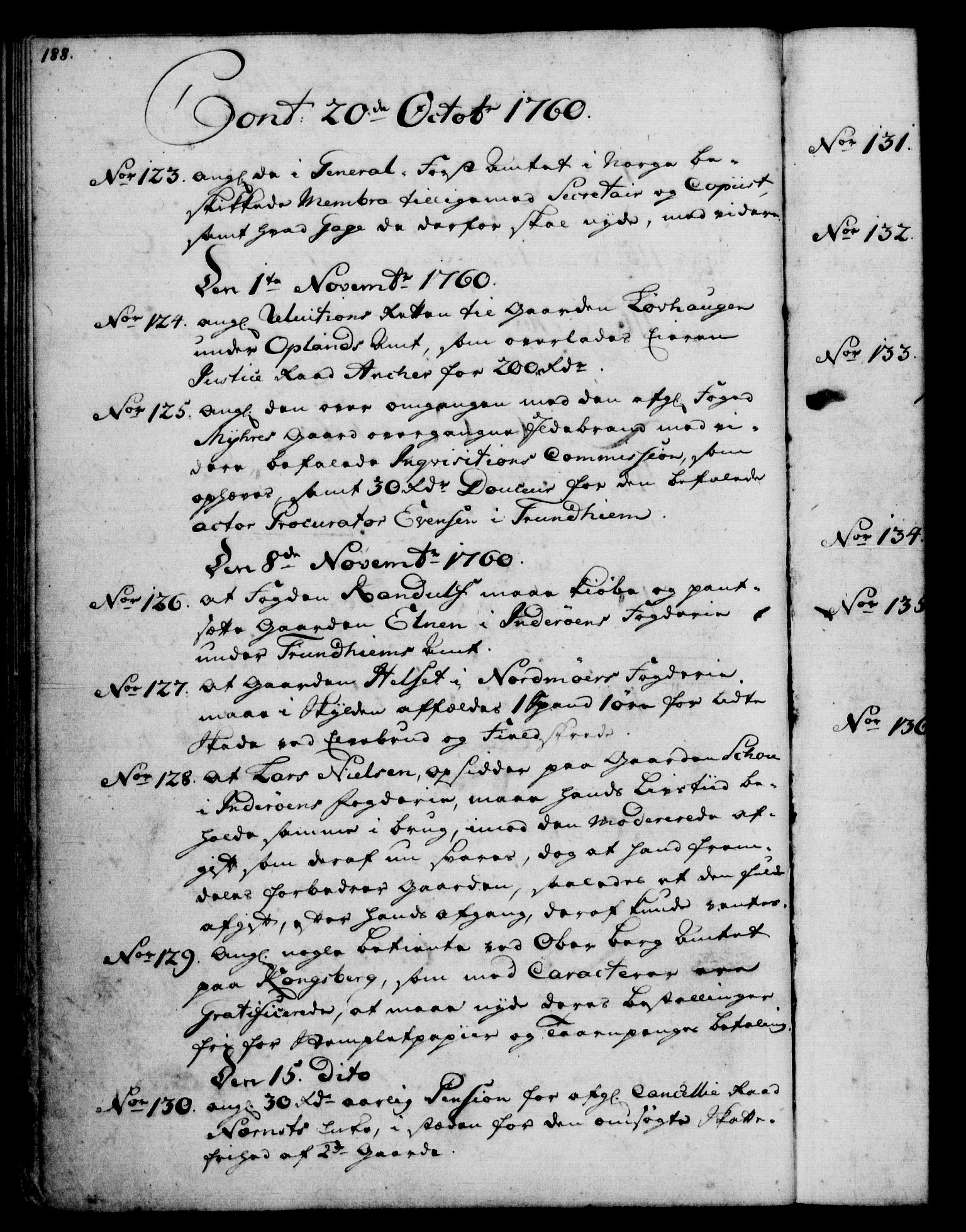 Rentekammeret, Kammerkanselliet, RA/EA-3111/G/Gf/Gfb/L0006: Register til norske relasjons- og resolusjonsprotokoller (merket RK 52.101), 1755-1765, s. 188