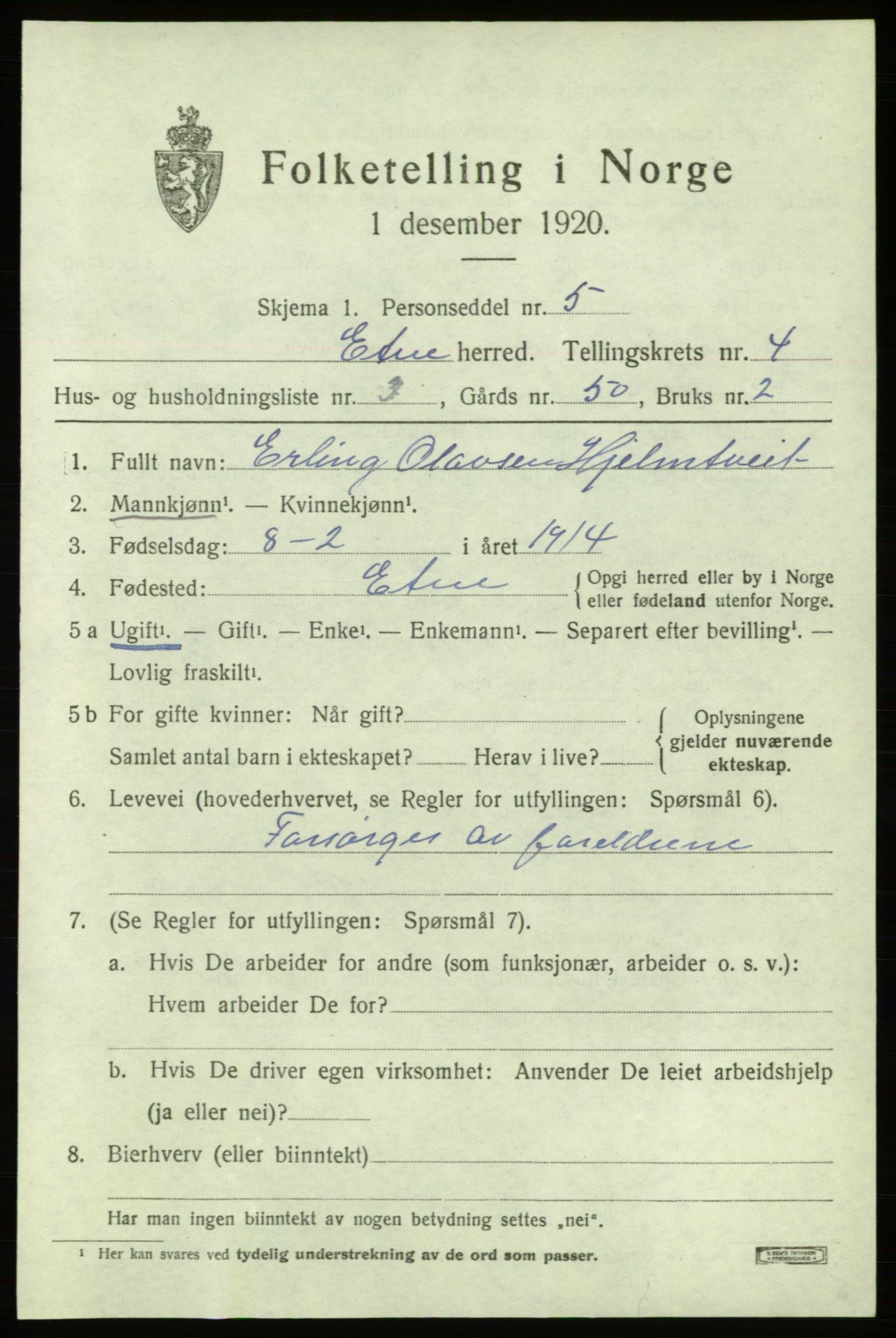 SAB, Folketelling 1920 for 1211 Etne herred, 1920, s. 2019