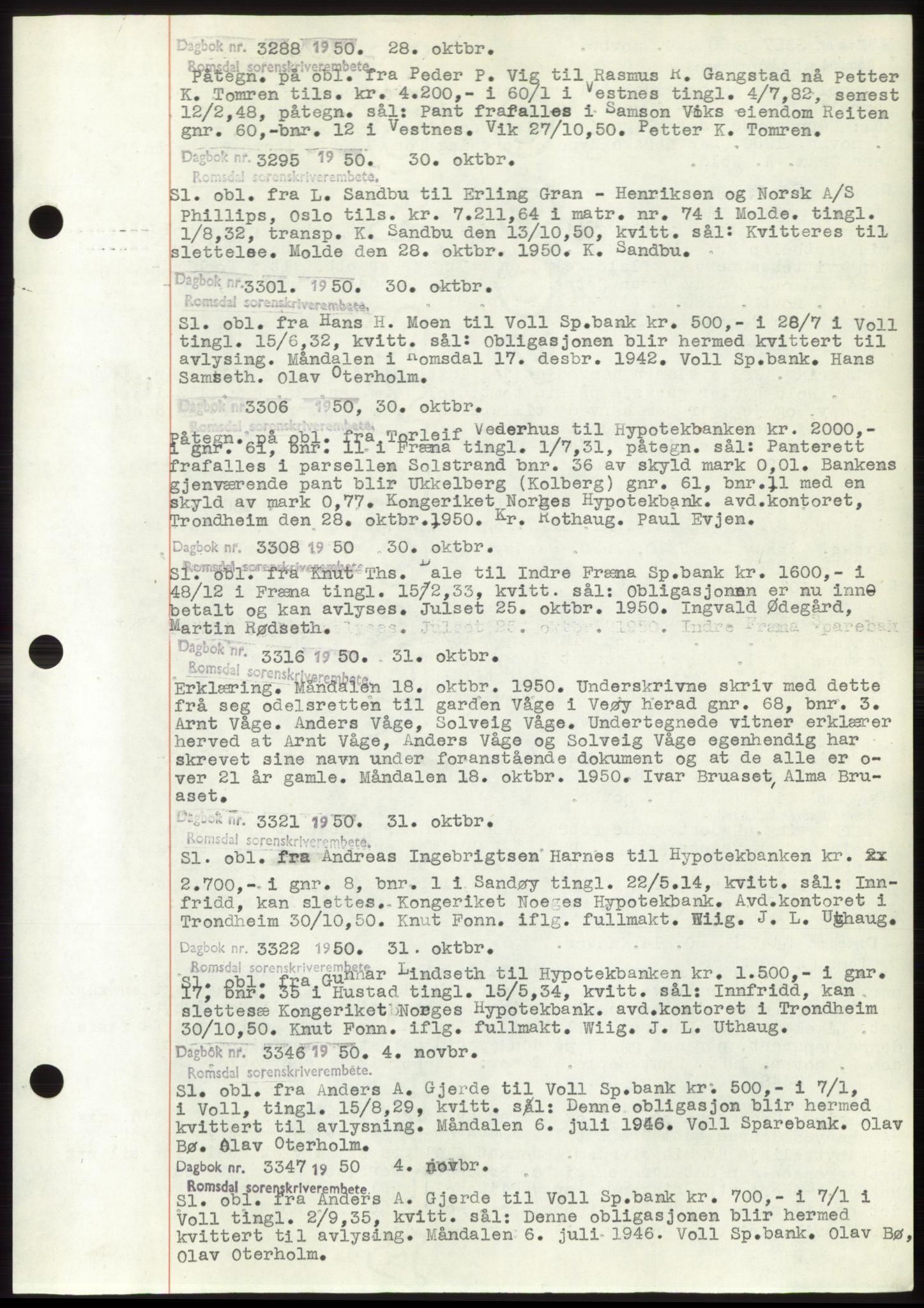 Romsdal sorenskriveri, SAT/A-4149/1/2/2C: Pantebok nr. C2, 1949-1951, Dagboknr: 3288/1950