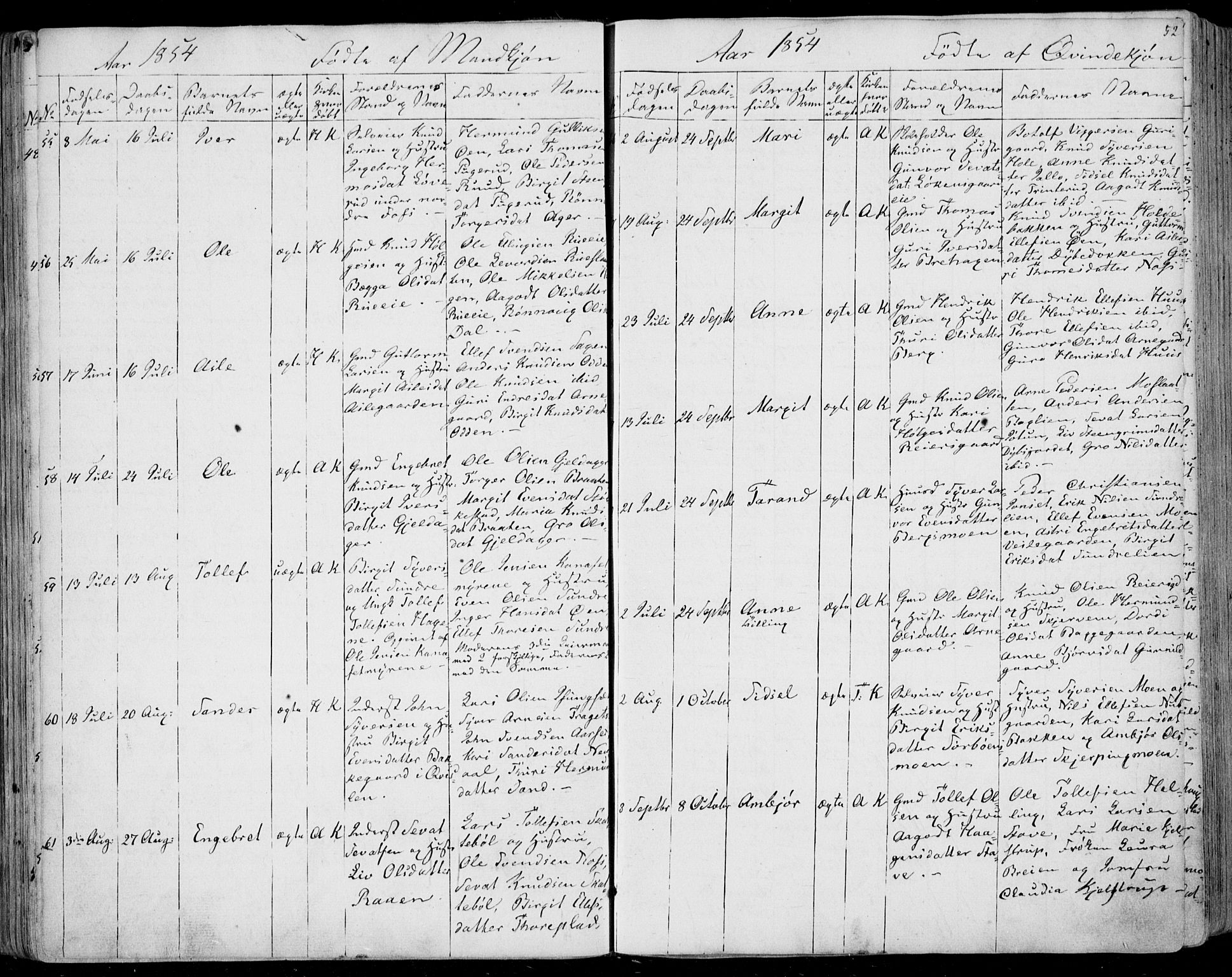 Ål kirkebøker, AV/SAKO-A-249/F/Fa/L0006: Ministerialbok nr. I 6, 1849-1864, s. 52
