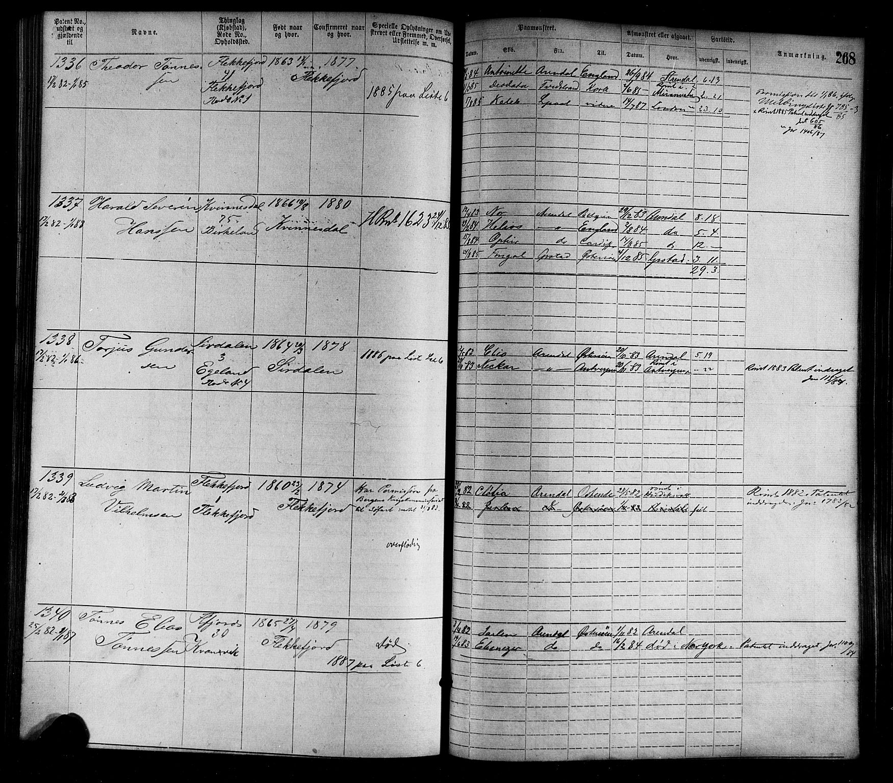 Flekkefjord mønstringskrets, AV/SAK-2031-0018/F/Fa/L0002: Annotasjonsrulle nr 1-1920 med register, N-2, 1870-1891, s. 296