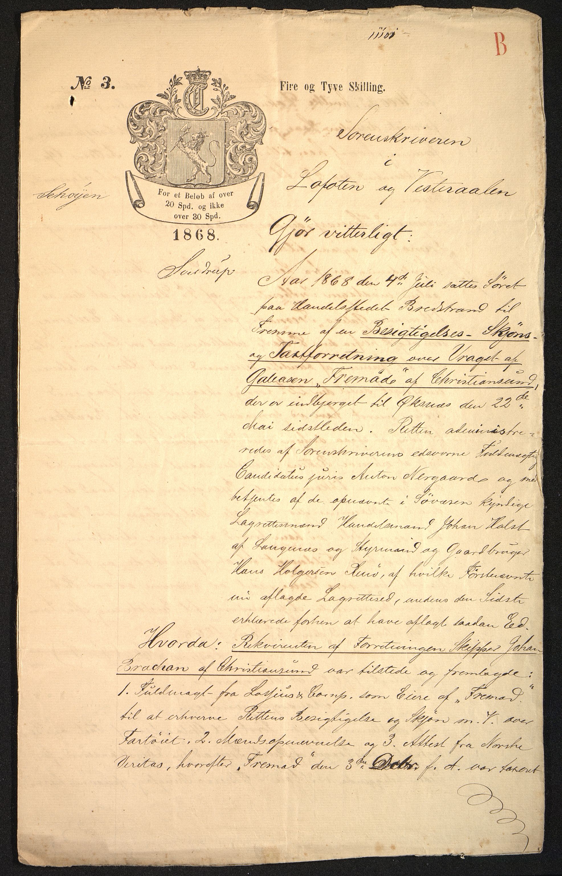 Pa 63 - Østlandske skibsassuranceforening, VEMU/A-1079/G/Ga/L0001/0020: Havaridokumenter / Fremad, 1868
