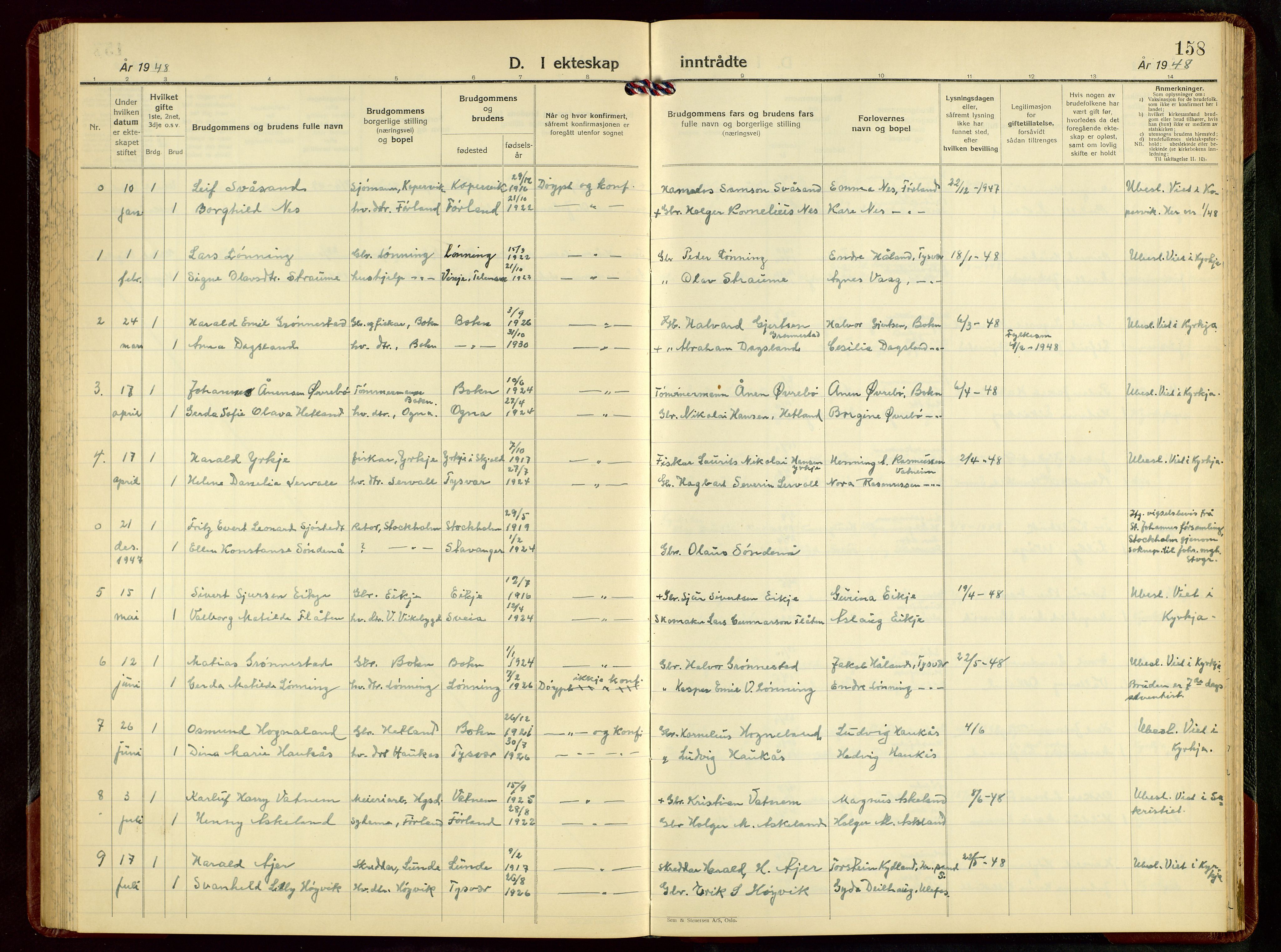 Tysvær sokneprestkontor, AV/SAST-A -101864/H/Ha/Hab/L0008: Klokkerbok nr. B 8, 1947-1957, s. 158