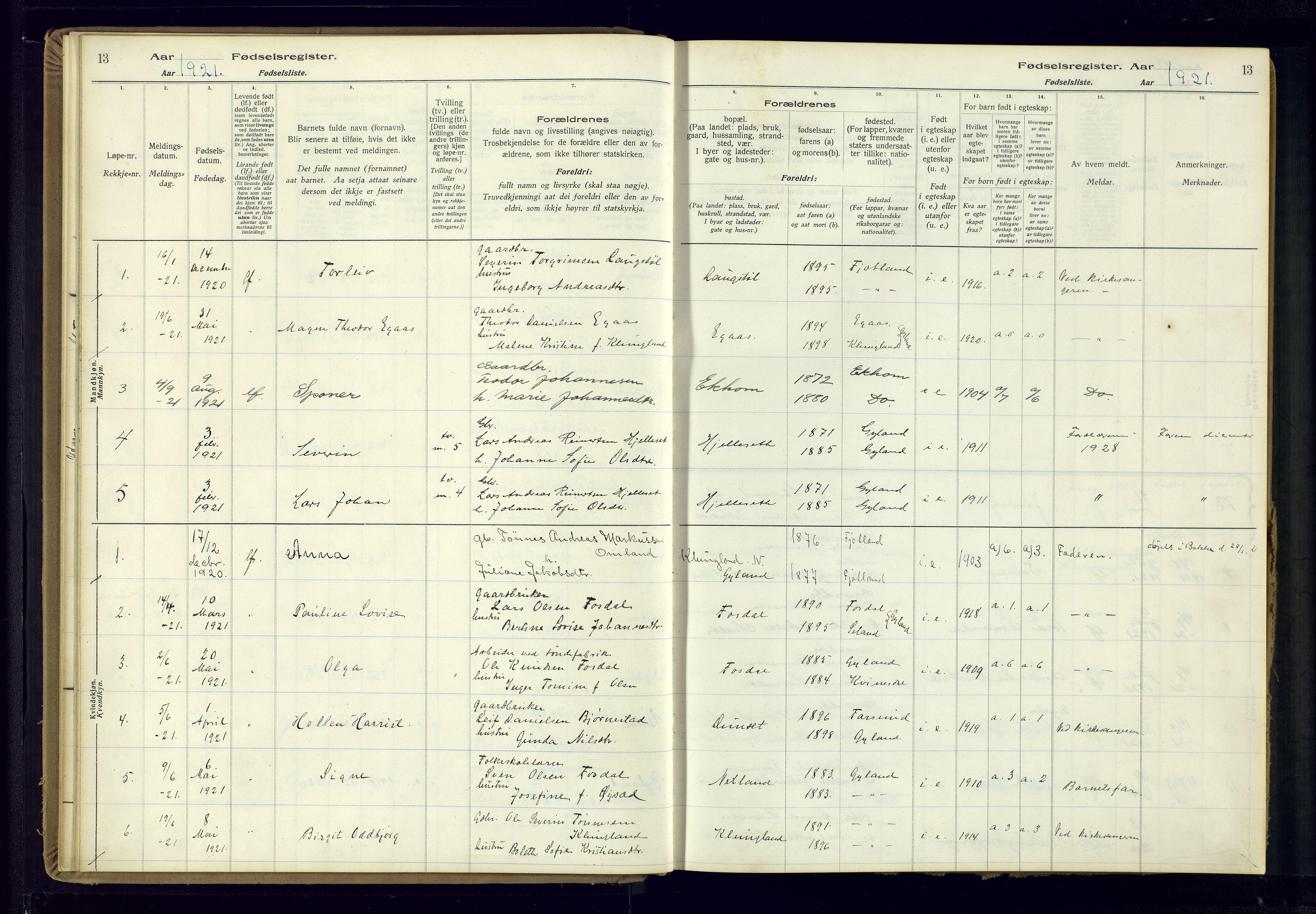 Bakke sokneprestkontor, AV/SAK-1111-0002/J/Ja/L0002: Fødselsregister nr. A-VI-19, 1916-1982, s. 13