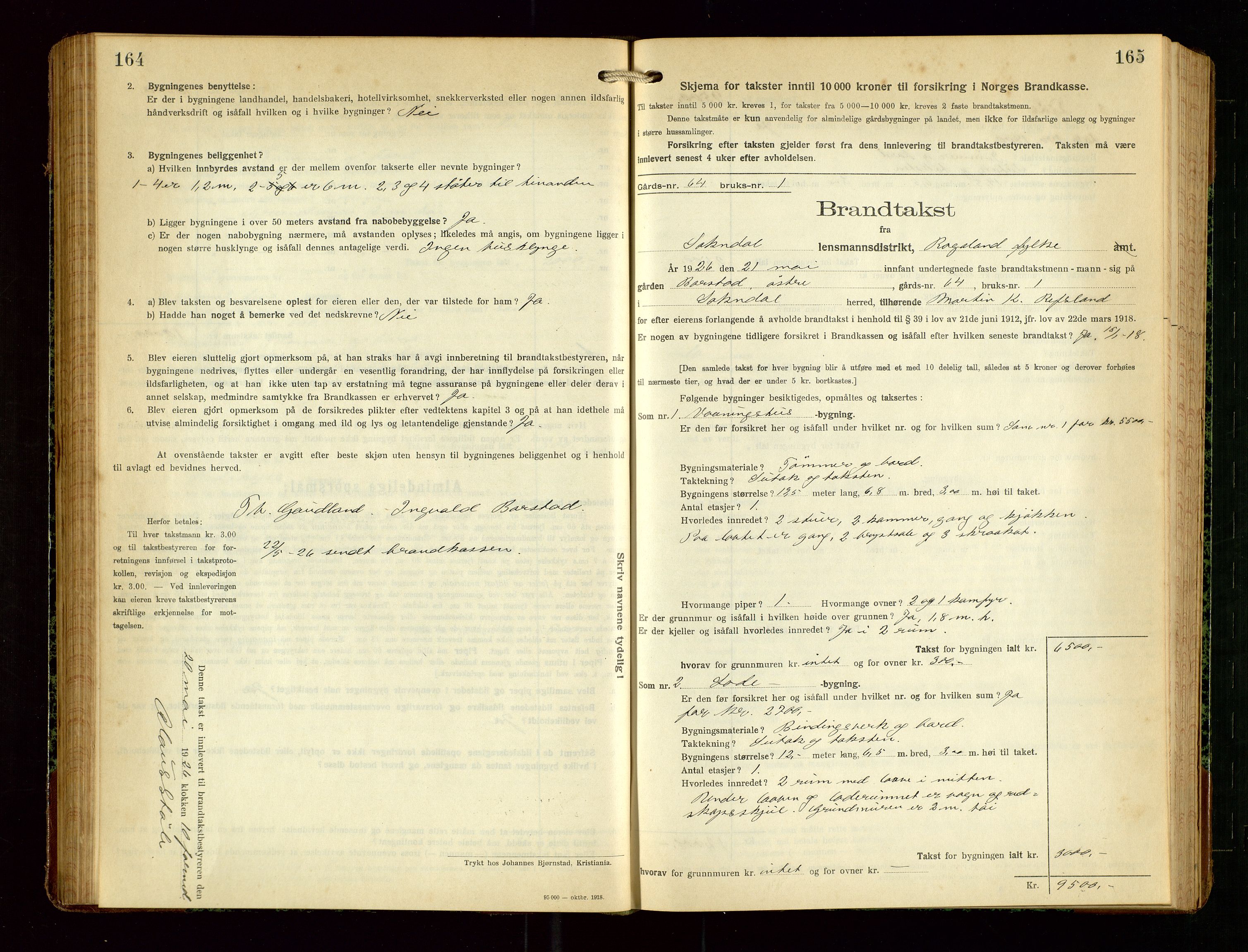 Sokndal lensmannskontor, AV/SAST-A-100417/Gob/L0006: "Brandtakst-Protokol", 1924-1930, s. 164-165