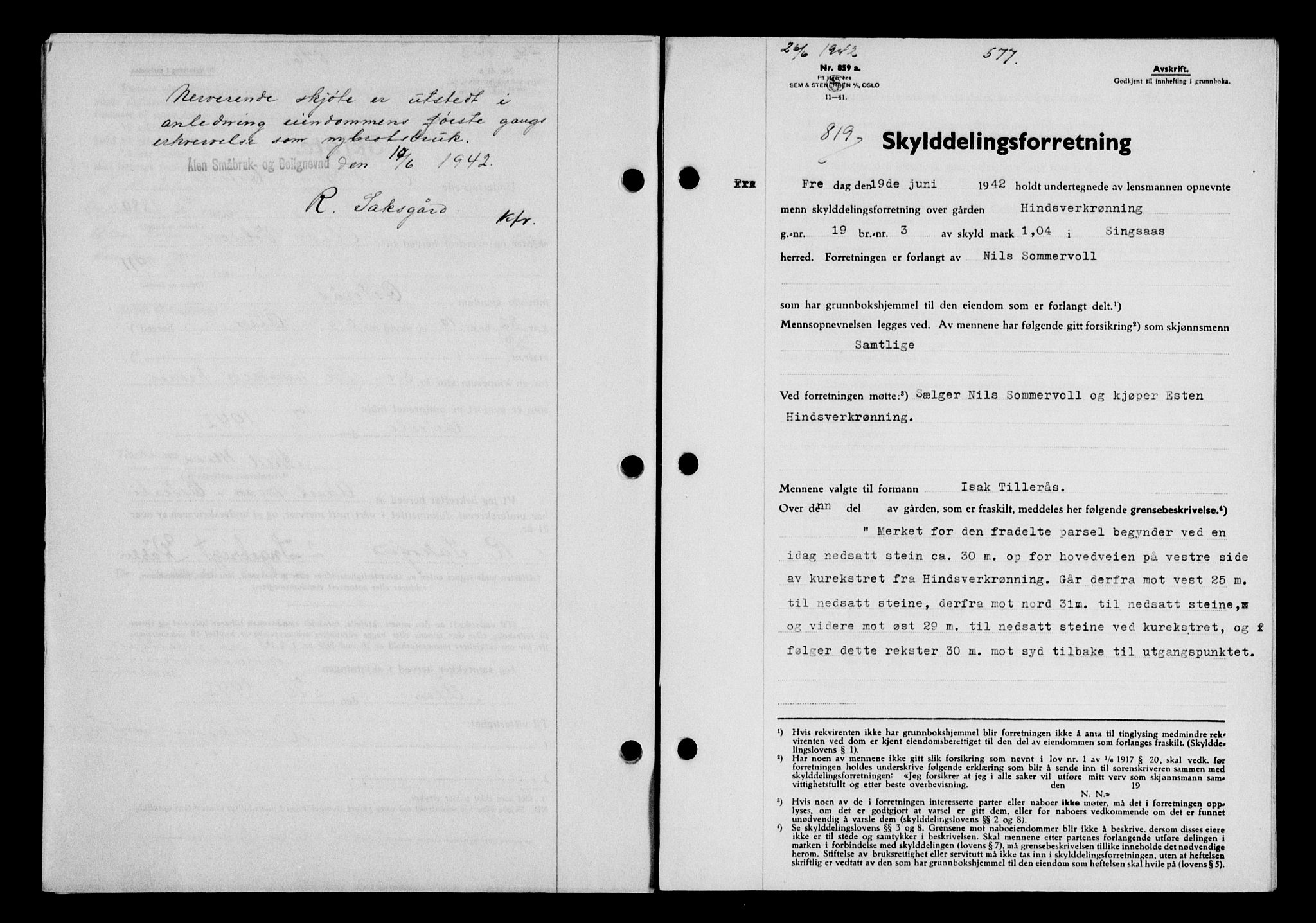 Gauldal sorenskriveri, SAT/A-0014/1/2/2C/L0054: Pantebok nr. 59, 1941-1942, Dagboknr: 819/1942