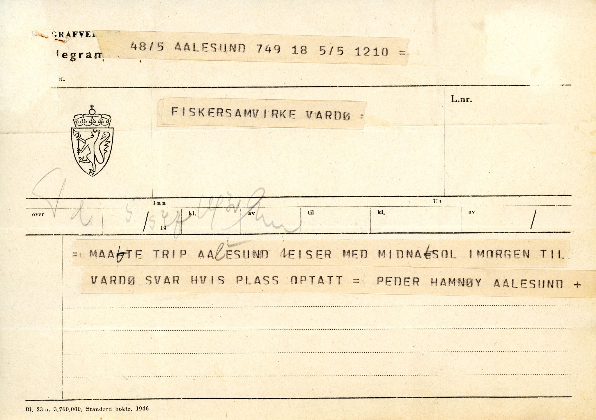 Vardø Fiskersamvirkelag, VAMU/A-0037/D/Da/L0001: Korrespondanse Ab-Eg, 1946-1950