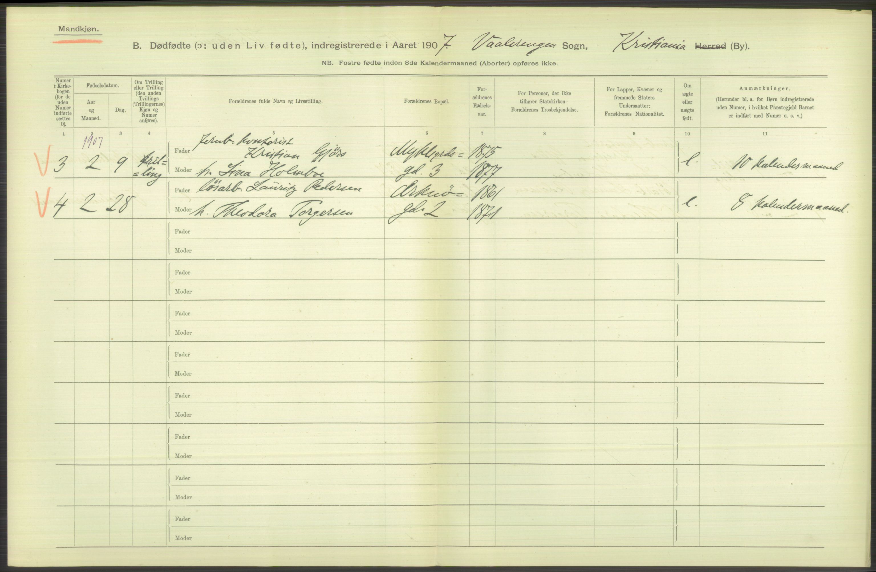 Statistisk sentralbyrå, Sosiodemografiske emner, Befolkning, AV/RA-S-2228/D/Df/Dfa/Dfae/L0010: Kristiania: Døde, dødfødte, 1907, s. 106