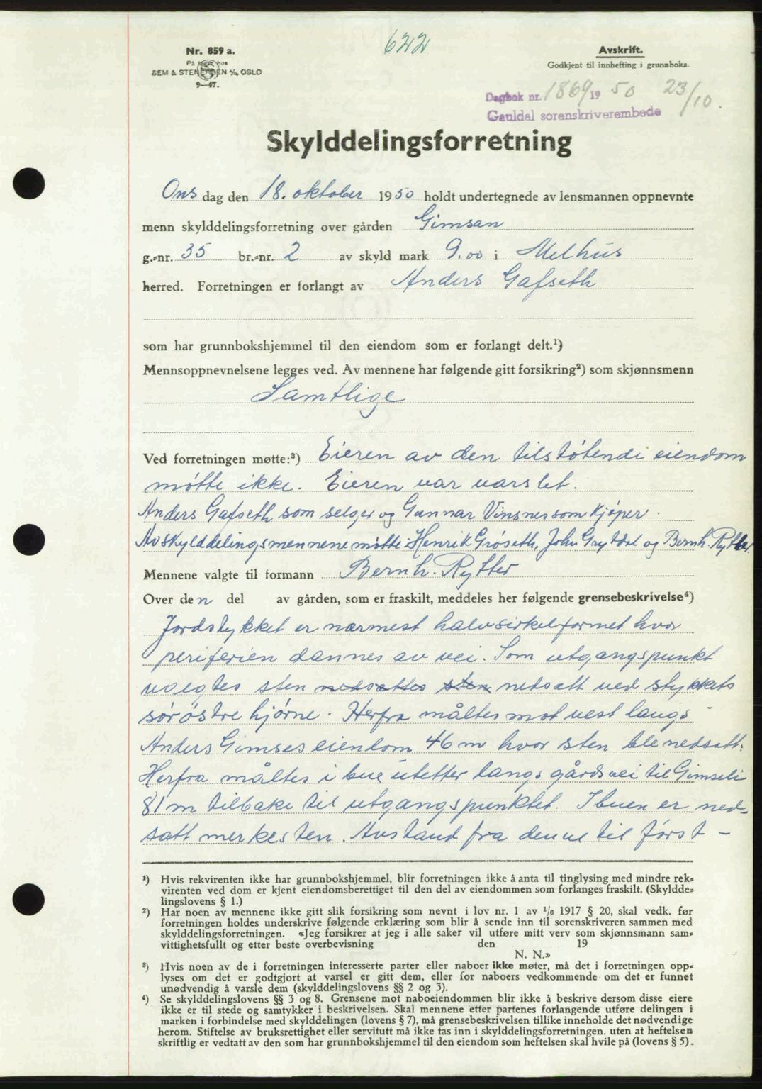 Gauldal sorenskriveri, SAT/A-0014/1/2/2C: Pantebok nr. A11, 1950-1950, Dagboknr: 1869/1950
