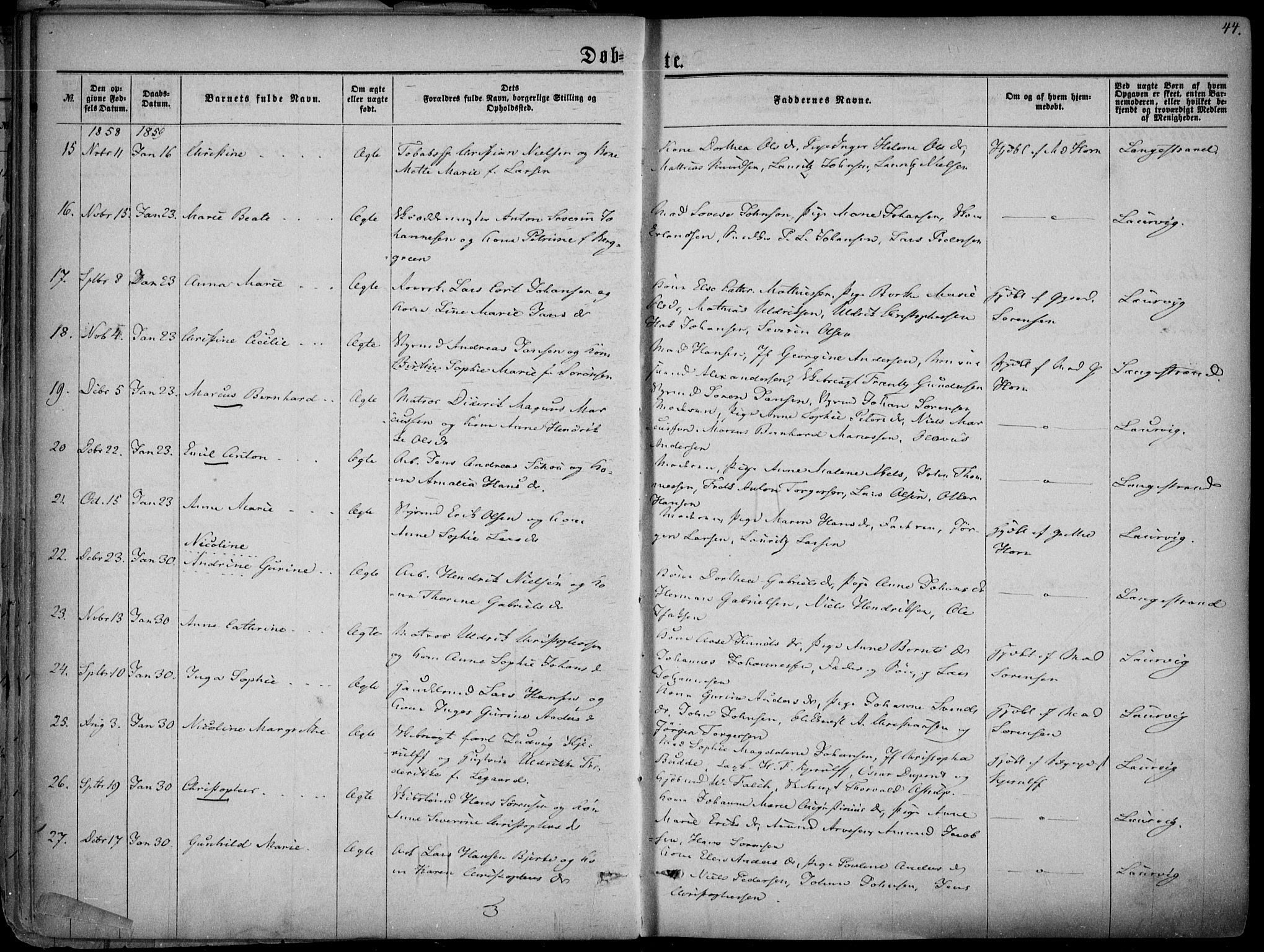 Larvik kirkebøker, AV/SAKO-A-352/F/Fa/L0004: Ministerialbok nr. I 4, 1856-1870, s. 44