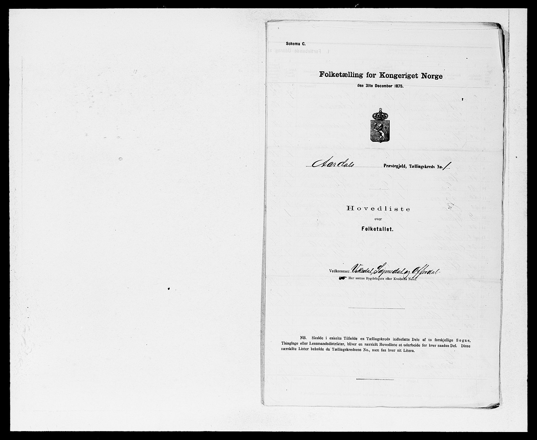 SAB, Folketelling 1875 for 1424P Årdal prestegjeld, 1875, s. 2