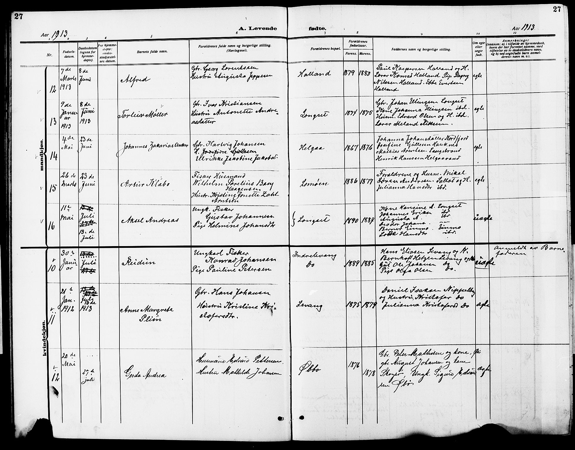 Ministerialprotokoller, klokkerbøker og fødselsregistre - Nordland, AV/SAT-A-1459/838/L0560: Klokkerbok nr. 838C07, 1910-1928, s. 27
