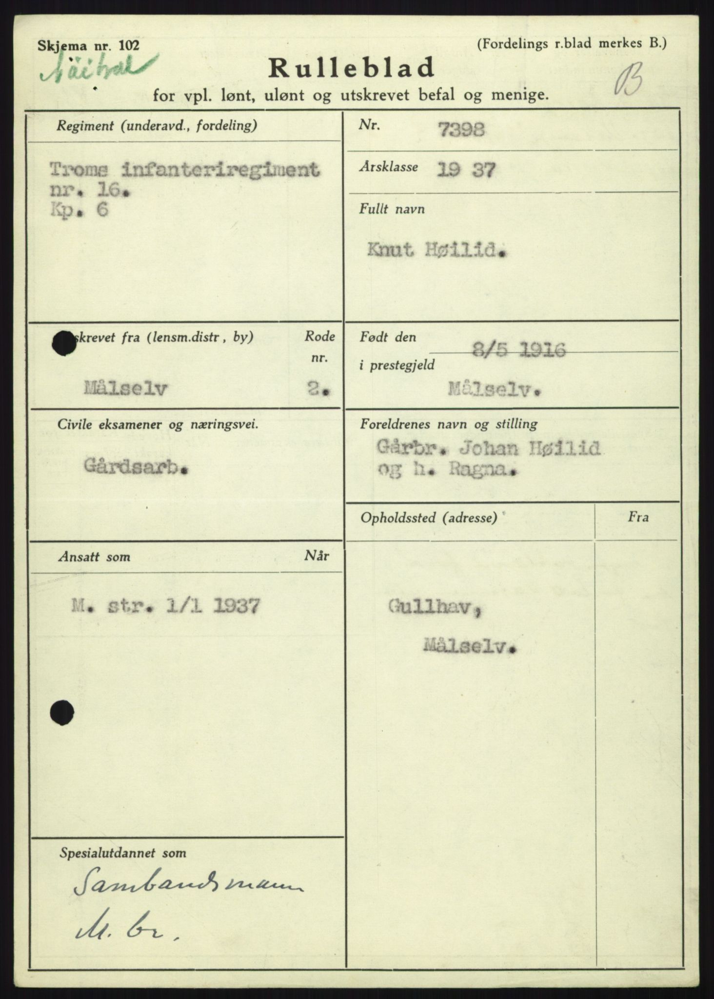 Forsvaret, Troms infanteriregiment nr. 16, AV/RA-RAFA-3146/P/Pa/L0021: Rulleblad for regimentets menige mannskaper, årsklasse 1937, 1937, s. 401