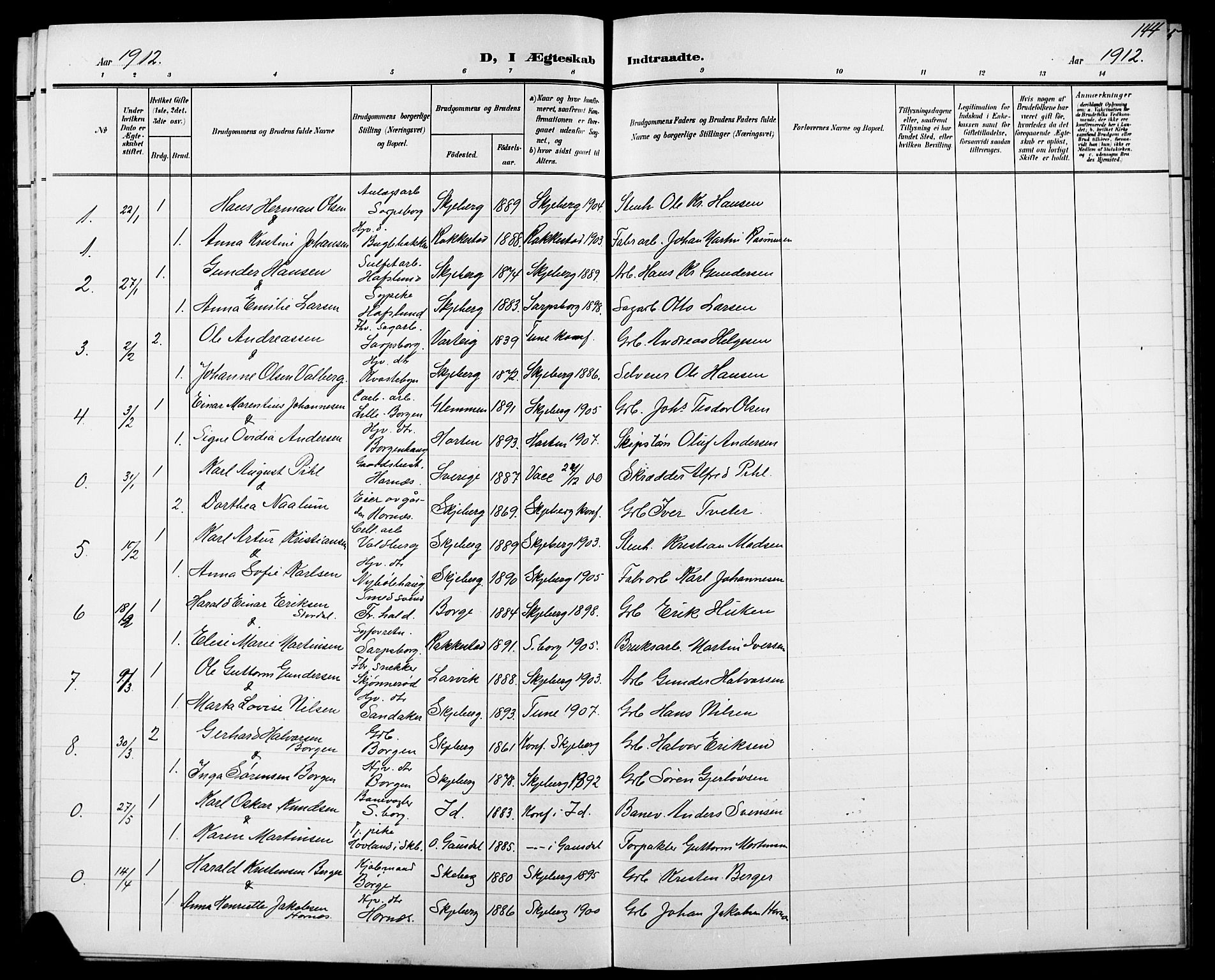 Skjeberg prestekontor Kirkebøker, AV/SAO-A-10923/G/Ga/L0002: Klokkerbok nr. I 2, 1901-1924, s. 144