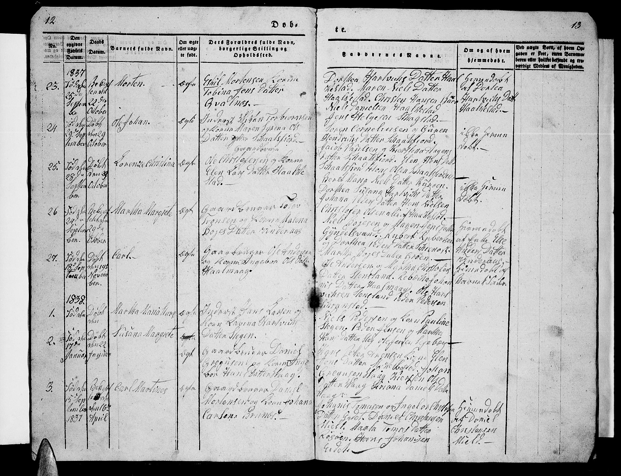 Ministerialprotokoller, klokkerbøker og fødselsregistre - Nordland, AV/SAT-A-1459/855/L0813: Klokkerbok nr. 855C02, 1836-1850, s. 12-13