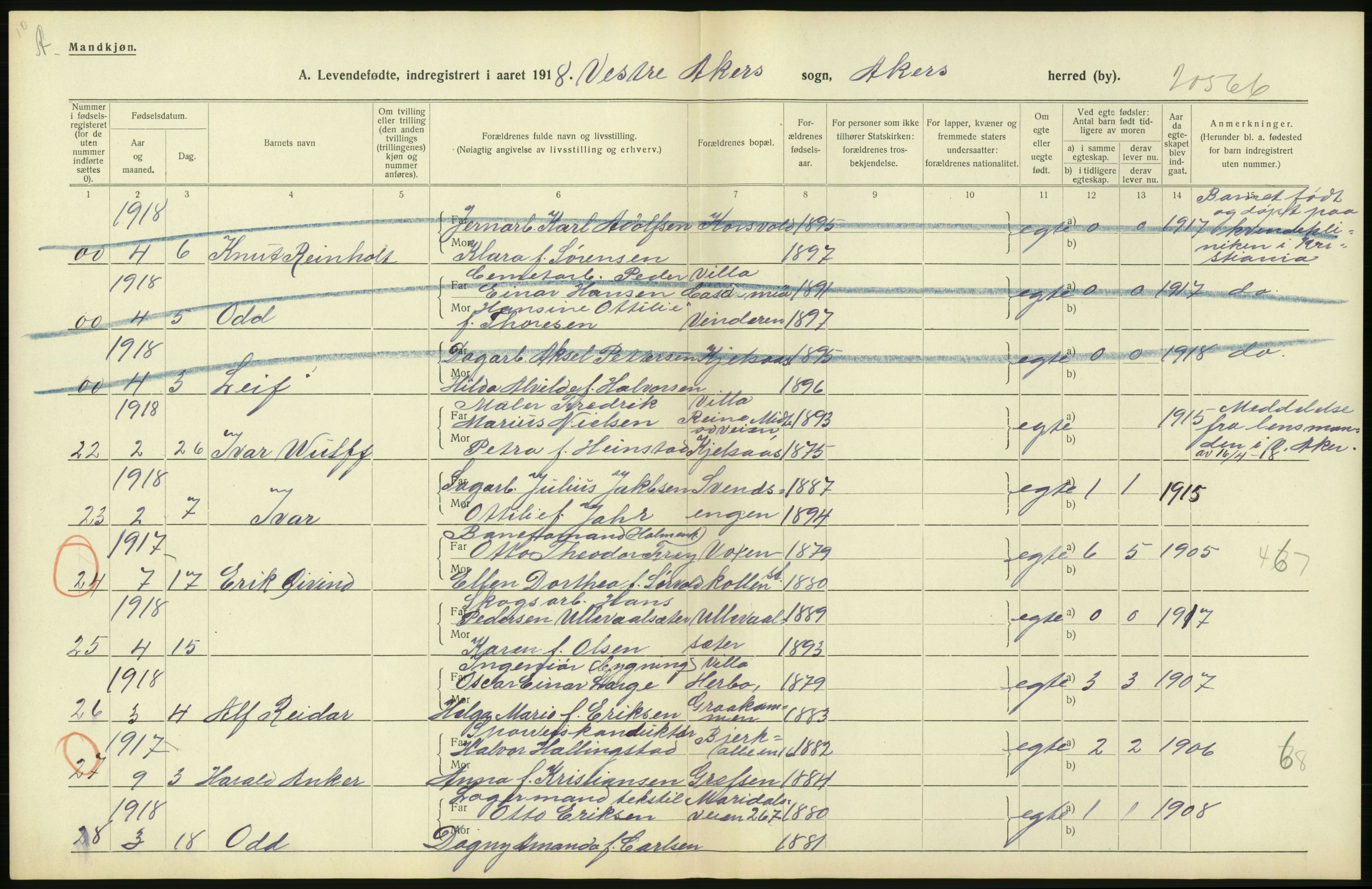 Statistisk sentralbyrå, Sosiodemografiske emner, Befolkning, AV/RA-S-2228/D/Df/Dfb/Dfbh/L0004: Akershus fylke: Levendefødte menn og kvinner. Bygder og byer., 1918, s. 142