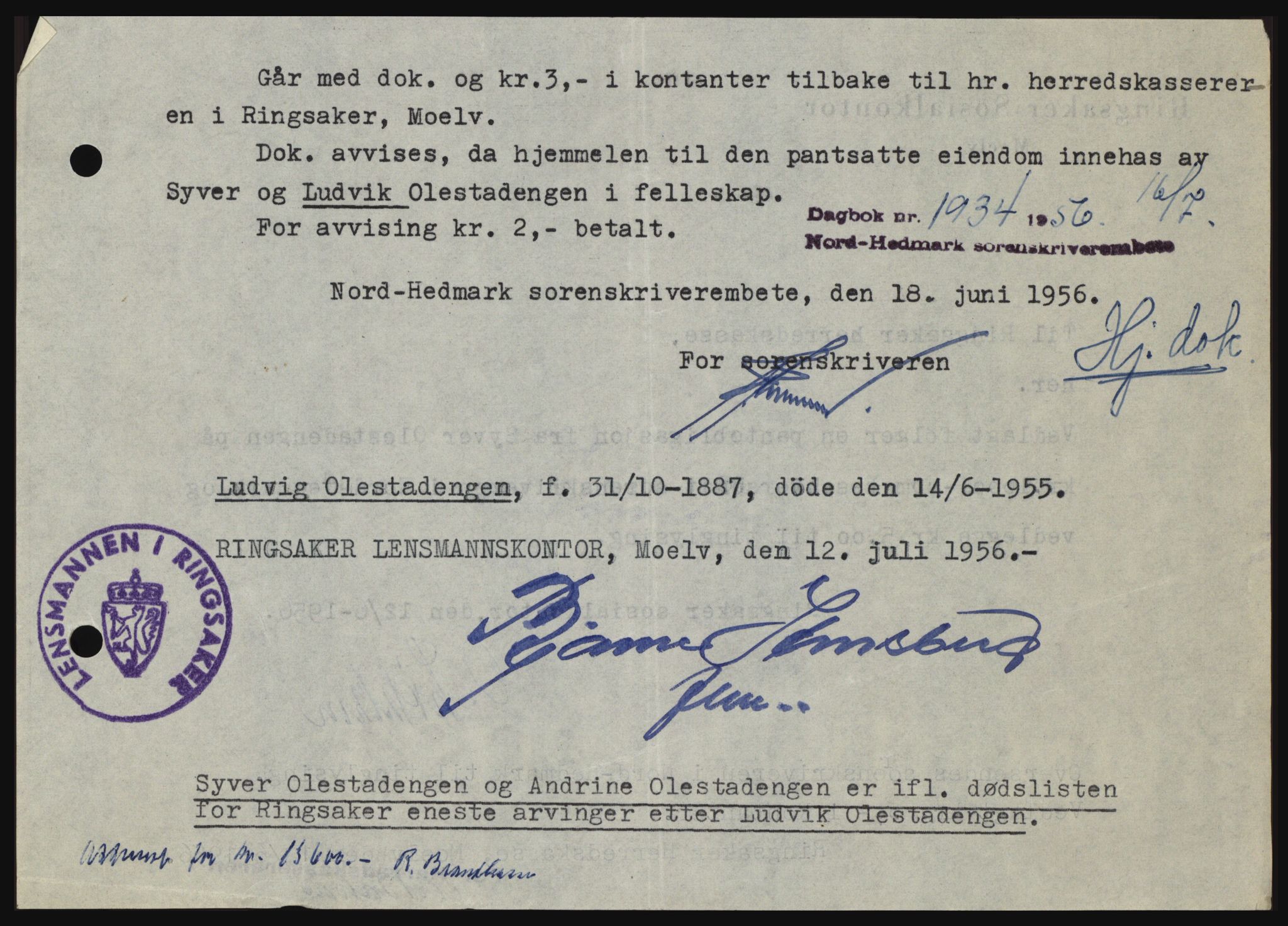 Nord-Hedmark sorenskriveri, SAH/TING-012/H/Hc/L0010: Pantebok nr. 10, 1955-1956, Dagboknr: 1934/1956