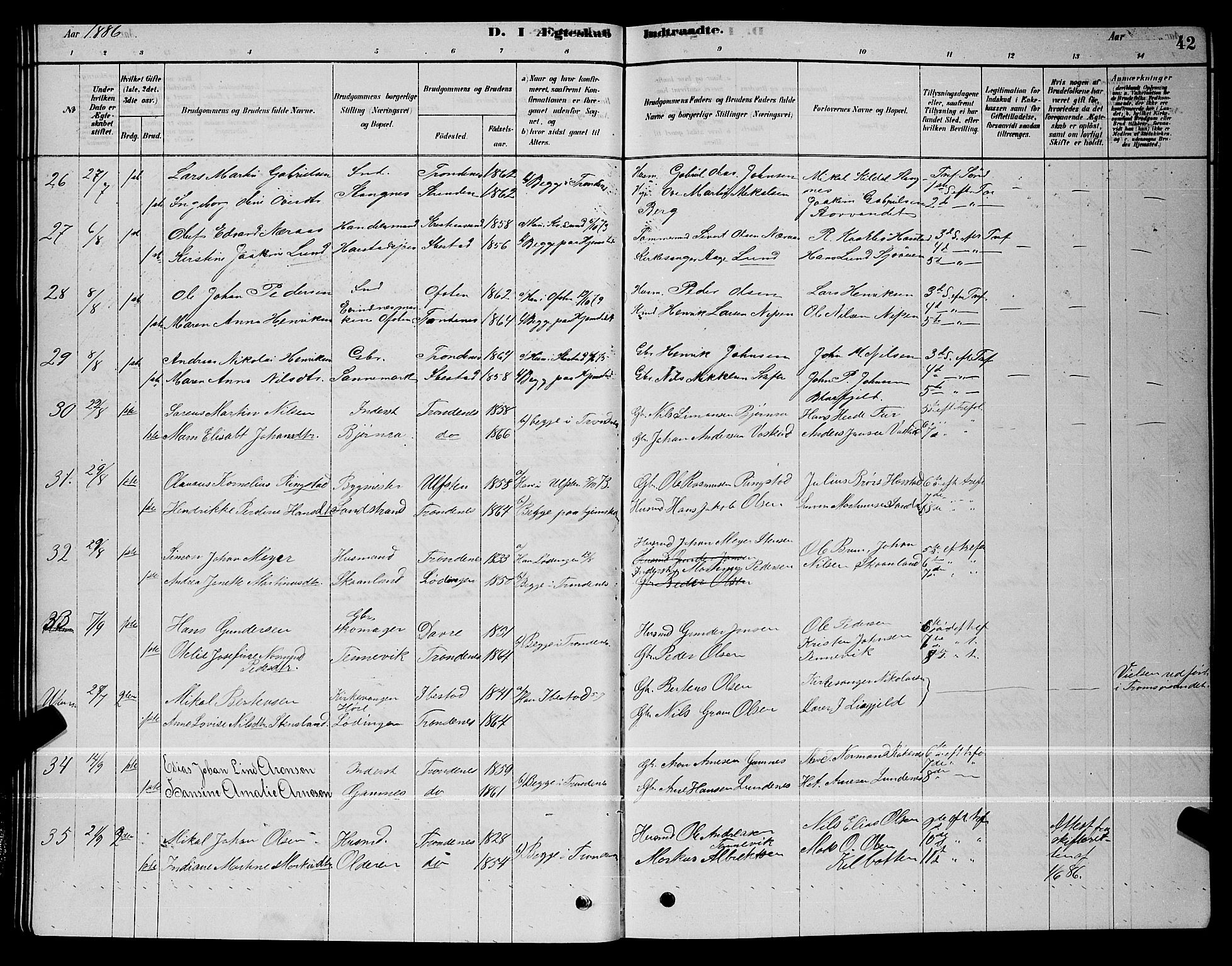 Trondenes sokneprestkontor, AV/SATØ-S-1319/H/Hb/L0010klokker: Klokkerbok nr. 10, 1878-1890, s. 42