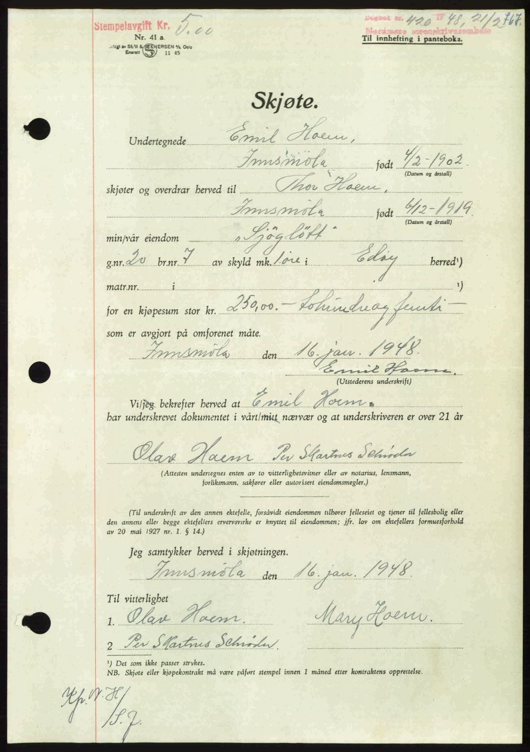 Nordmøre sorenskriveri, SAT/A-4132/1/2/2Ca: Pantebok nr. A107, 1947-1948, Dagboknr: 420/1948