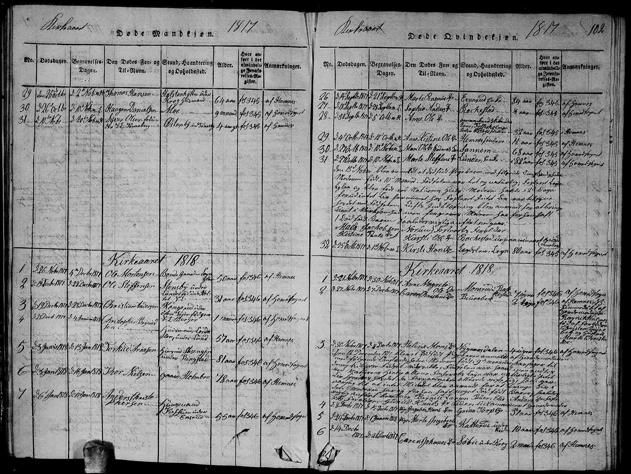 Høland prestekontor Kirkebøker, AV/SAO-A-10346a/G/Ga/L0001: Klokkerbok nr. I 1, 1814-1827, s. 102