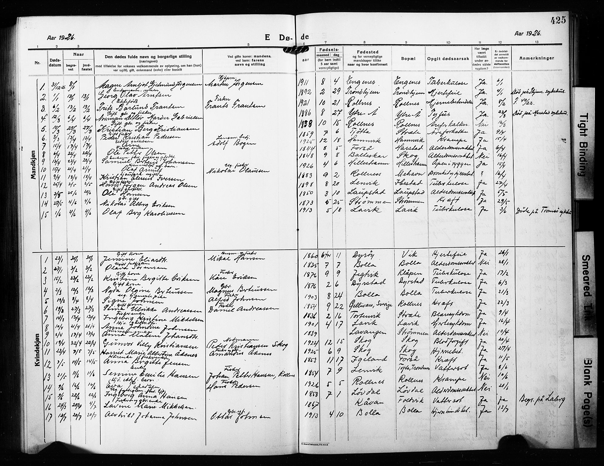 Ibestad sokneprestembete, AV/SATØ-S-0077/H/Ha/Hab/L0010klokker: Klokkerbok nr. 10, 1915-1929, s. 425