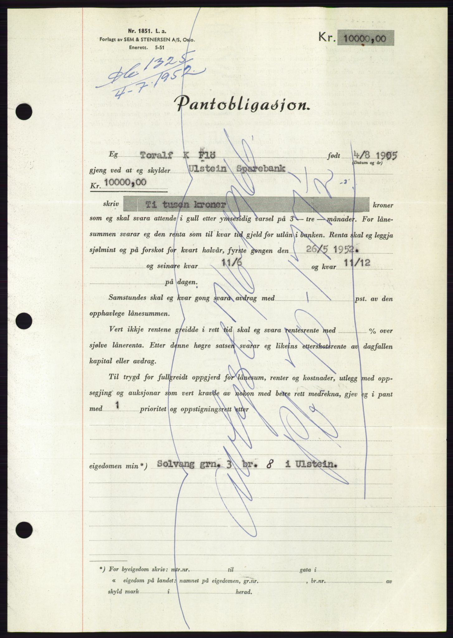 Søre Sunnmøre sorenskriveri, AV/SAT-A-4122/1/2/2C/L0121: Pantebok nr. 9B, 1951-1952, Dagboknr: 1325/1952