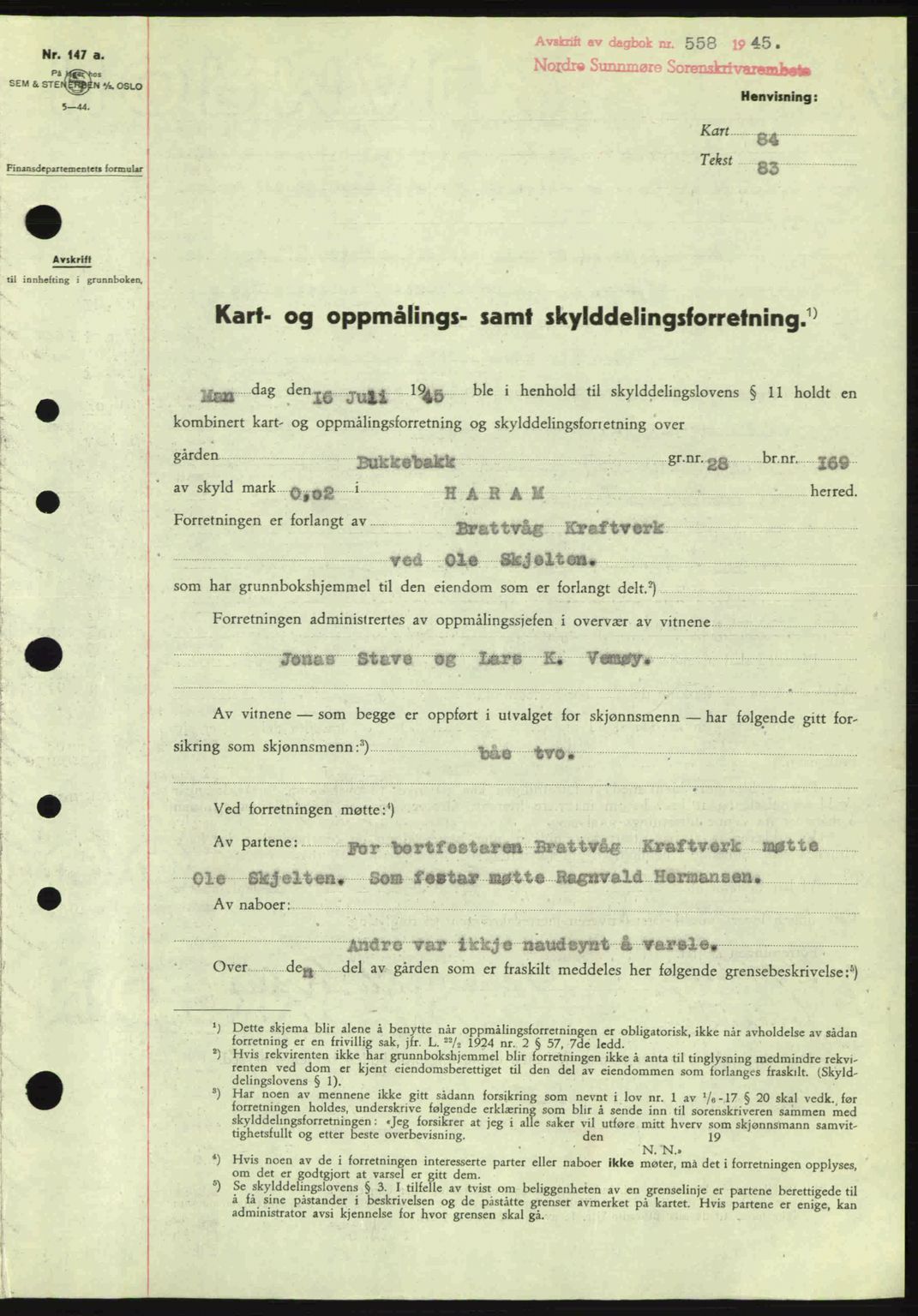 Nordre Sunnmøre sorenskriveri, SAT/A-0006/1/2/2C/2Ca: Pantebok nr. A19, 1944-1945, Dagboknr: 558/1945