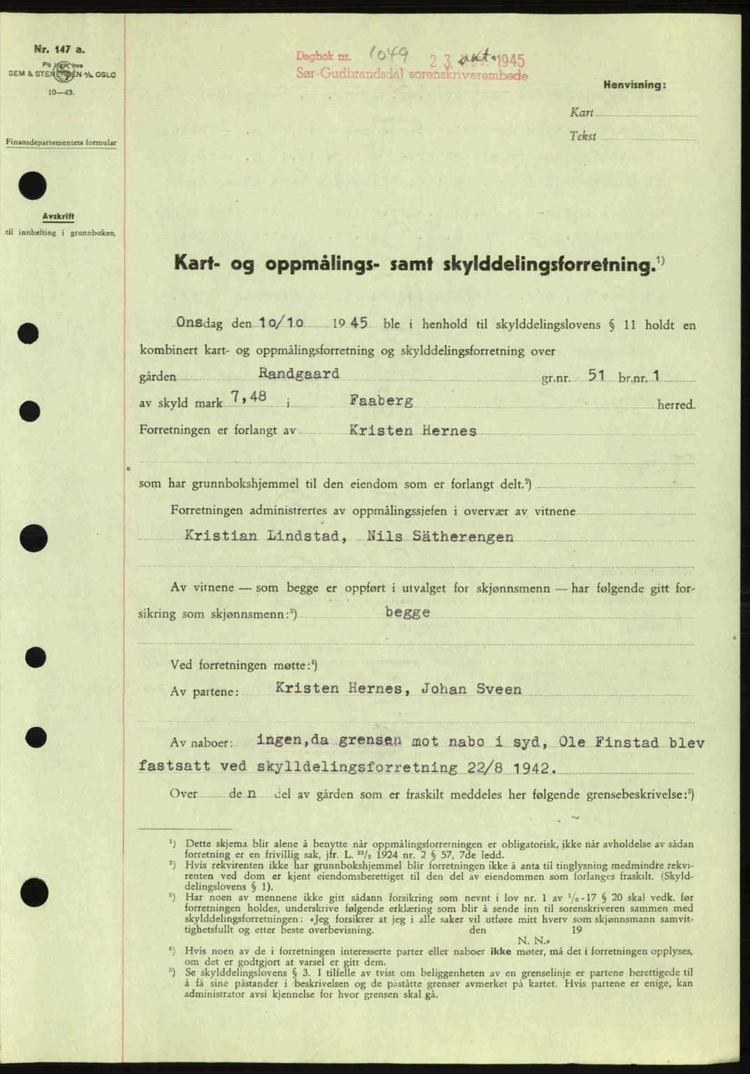 Sør-Gudbrandsdal tingrett, SAH/TING-004/H/Hb/Hbd/L0014: Pantebok nr. A14, 1944-1945, Dagboknr: 1049/1945