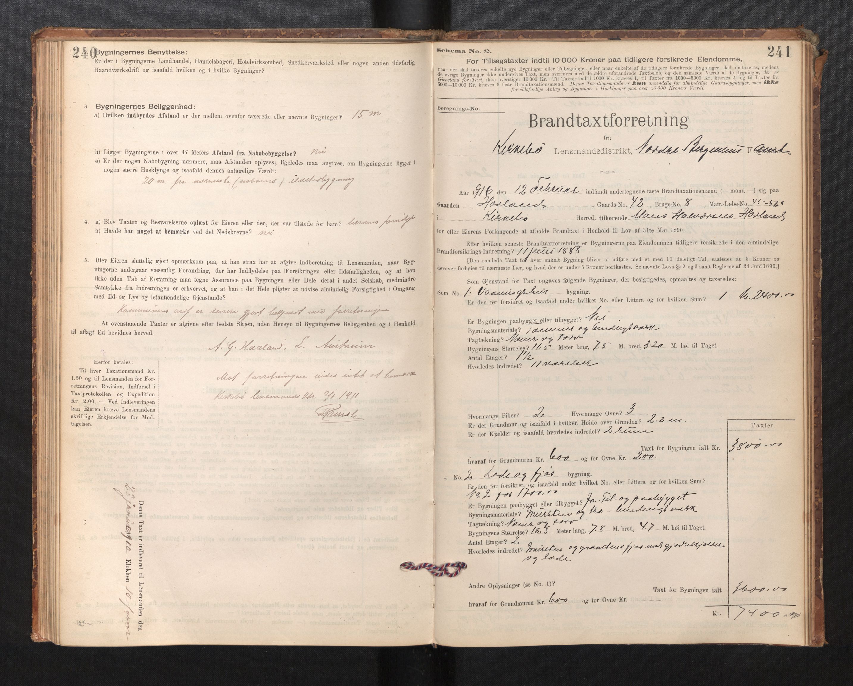 Lensmannen i Kyrkjebø, SAB/A-29001/0012/L0006: Branntakstprotokoll, skjematakst, 1900-1939, s. 240-241