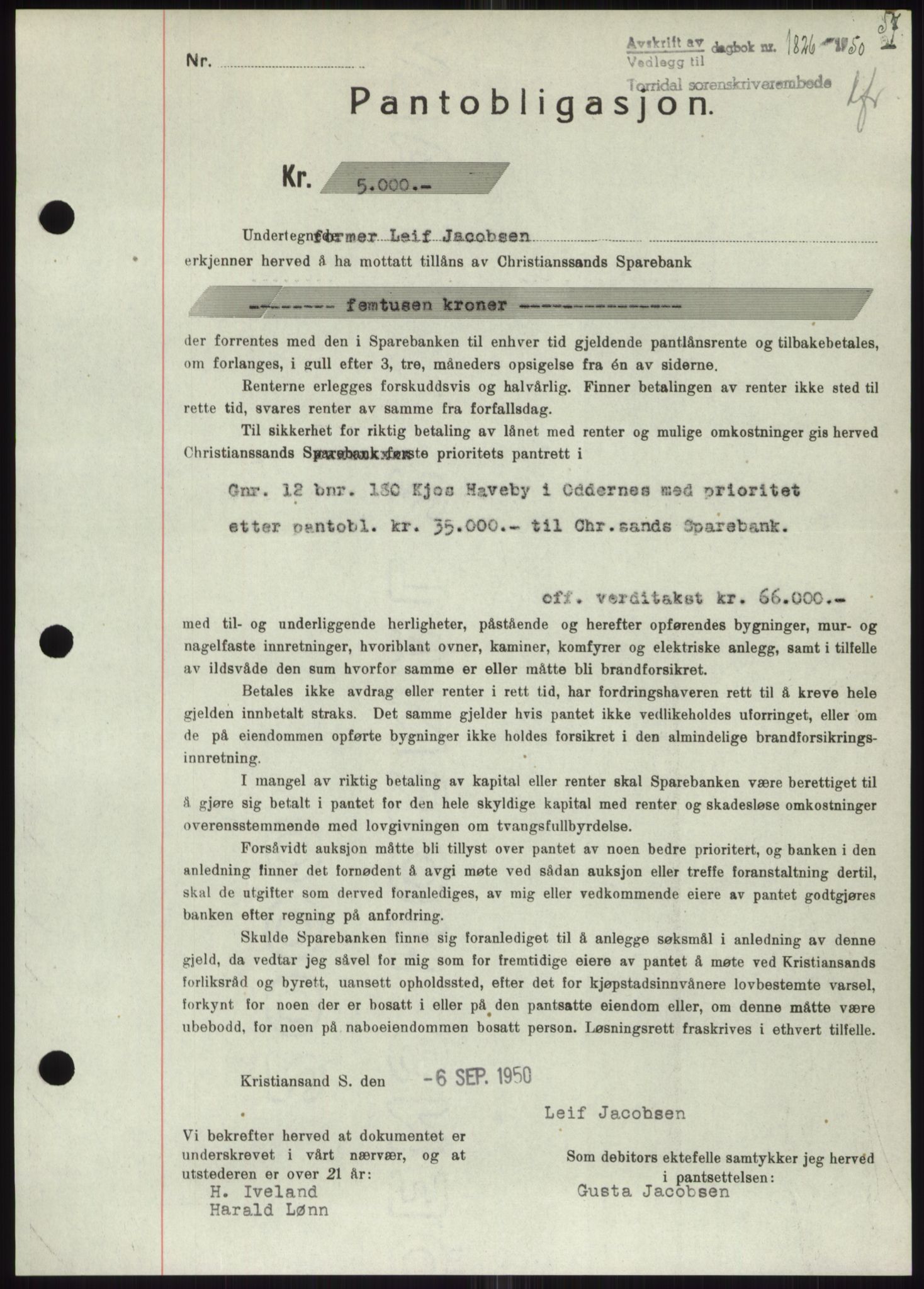 Torridal sorenskriveri, SAK/1221-0012/G/Gb/Gbb/L0020: Pantebok nr. 63B, 1950-1950, Dagboknr: 1826/1950