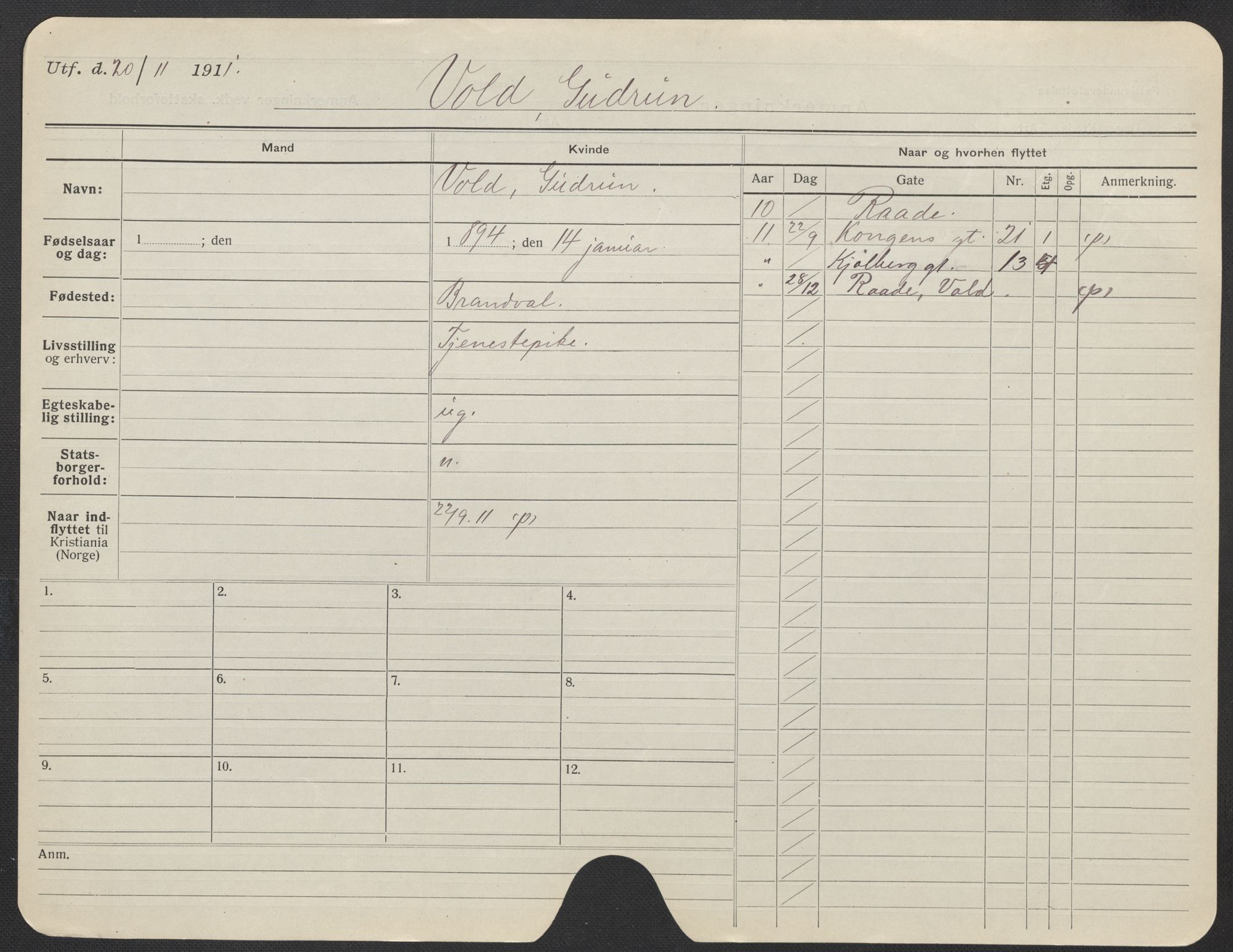 Oslo folkeregister, Registerkort, AV/SAO-A-11715/F/Fa/Fac/L0025: Kvinner, 1906-1914, s. 904a