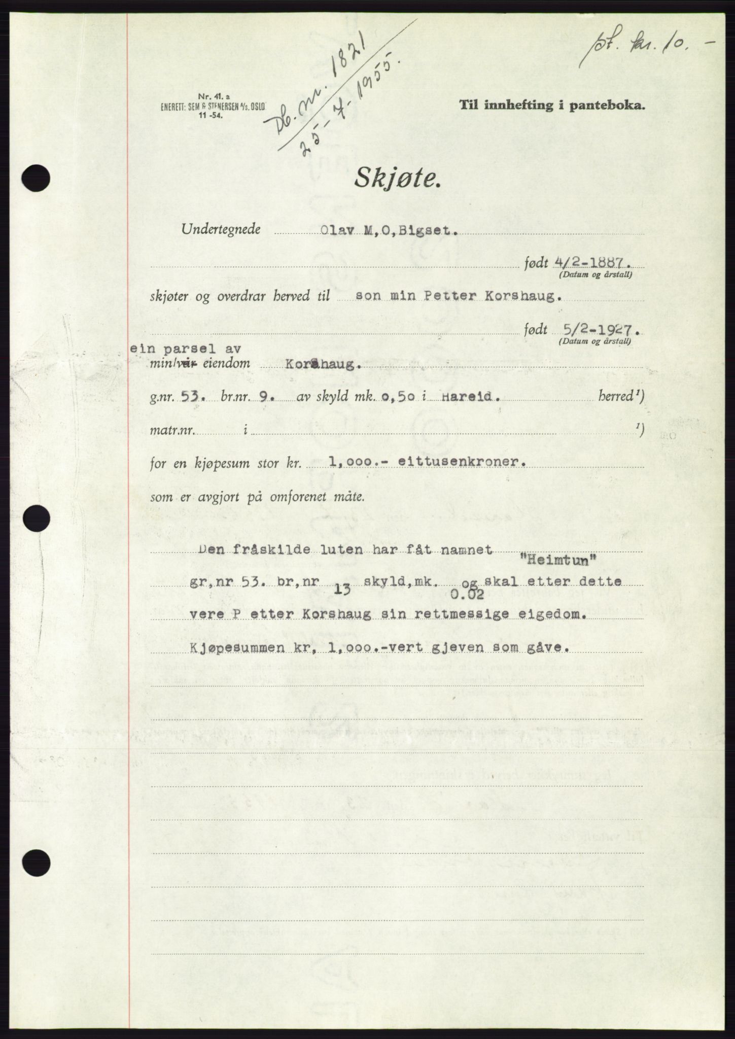 Søre Sunnmøre sorenskriveri, AV/SAT-A-4122/1/2/2C/L0101: Pantebok nr. 27A, 1955-1955, Dagboknr: 1821/1955