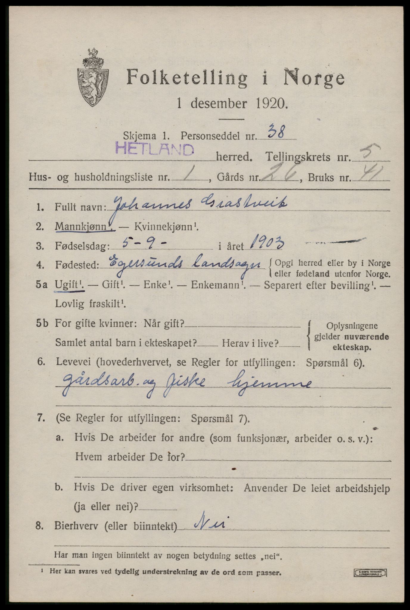 SAST, Folketelling 1920 for 1126 Hetland herred, 1920, s. 8225