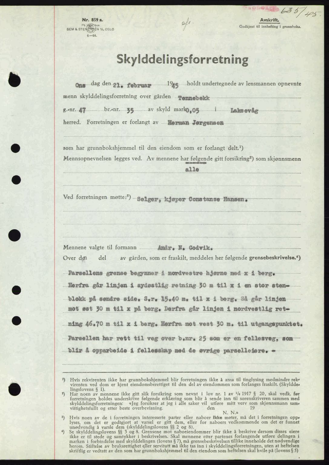 Midhordland sorenskriveri, SAB/A-3001/1/G/Gb/Gbk/L0008: Pantebok nr. A36-41, 1944-1945, Dagboknr: 635/1945