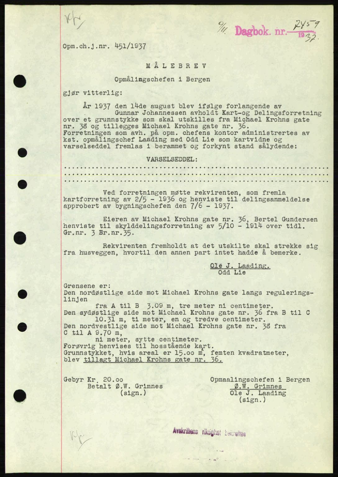 Byfogd og Byskriver i Bergen, SAB/A-3401/03/03Bc/L0006: Pantebok nr. A5, 1937-1938, Dagboknr: 7459/1937