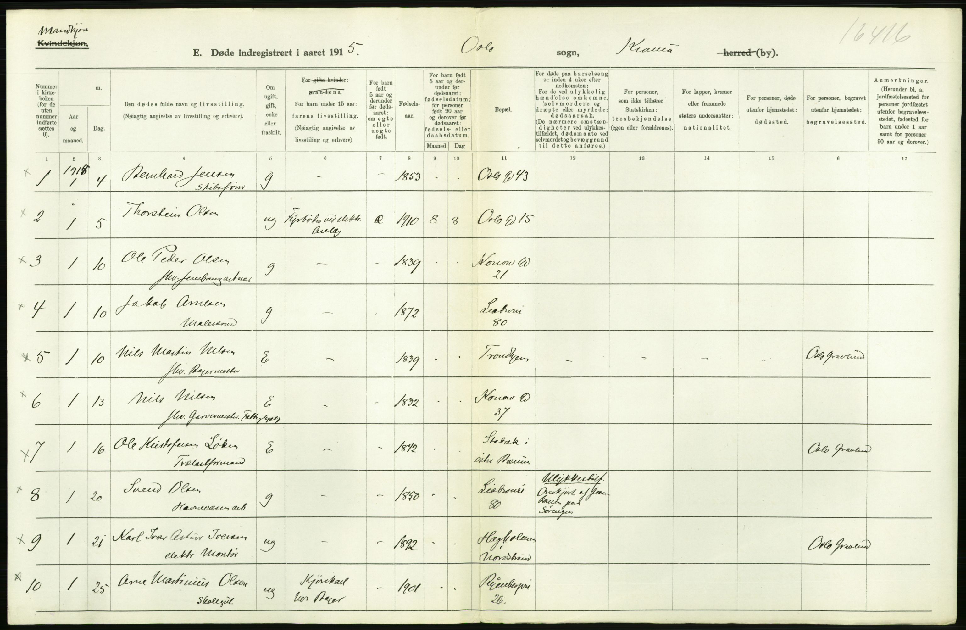 Statistisk sentralbyrå, Sosiodemografiske emner, Befolkning, RA/S-2228/D/Df/Dfb/Dfbe/L0010: Kristiania: Døde, dødfødte., 1915, s. 212