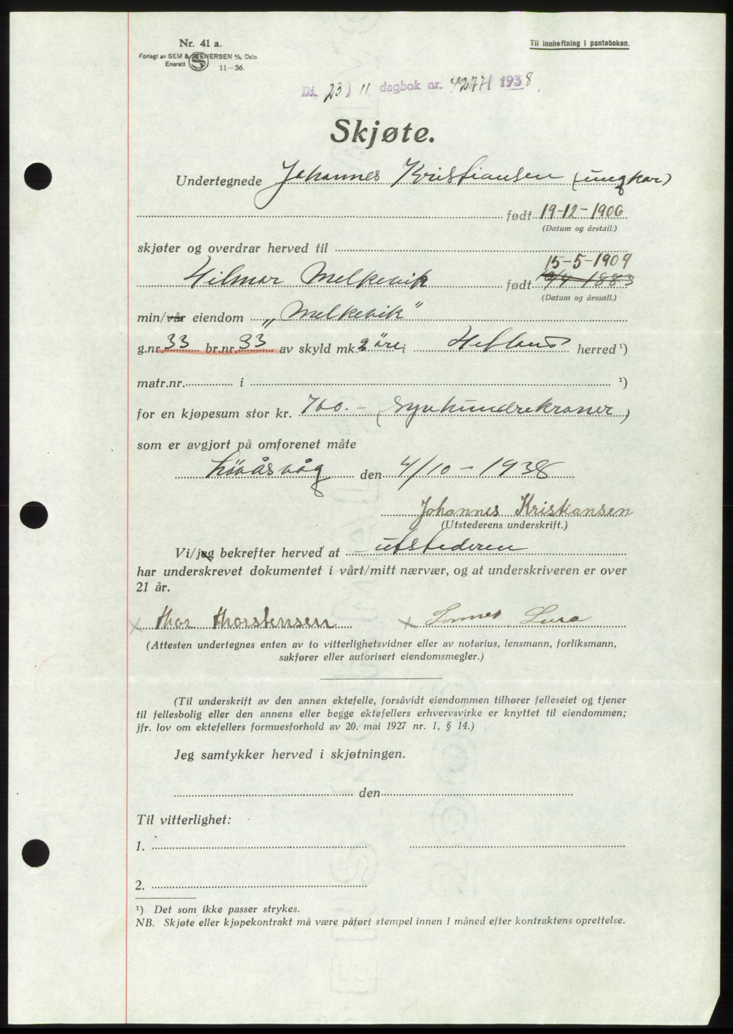 Jæren sorenskriveri, SAST/A-100310/03/G/Gba/L0072: Pantebok, 1938-1938, Dagboknr: 4277/1938