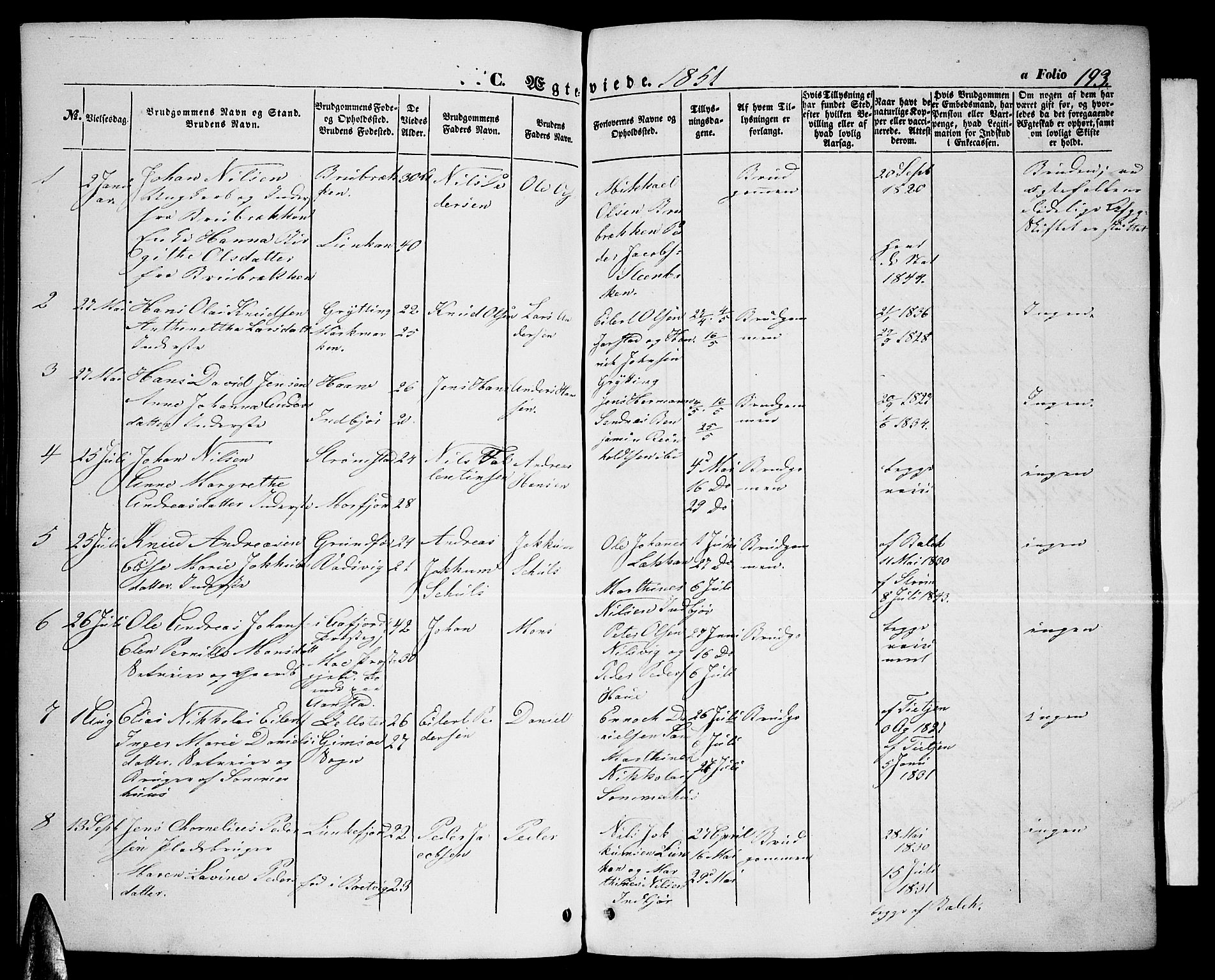 Ministerialprotokoller, klokkerbøker og fødselsregistre - Nordland, SAT/A-1459/888/L1265: Klokkerbok nr. 888C03, 1850-1863, s. 193